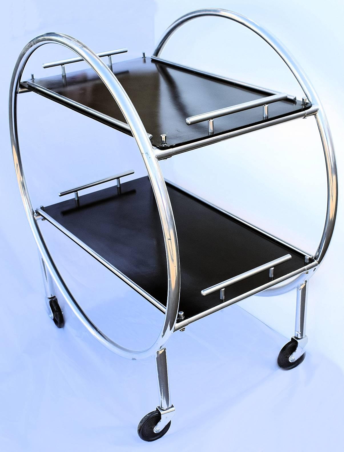 Art Deco English Two-Tier Chrome Bar Cart Hostess Trolley In Excellent Condition In Devon, England