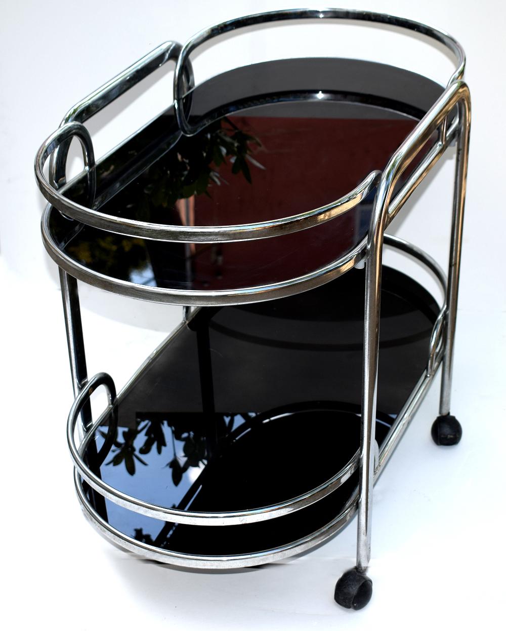 Art Deco English Two-Tier Chrome Bar Cart Hostess Trolley In Good Condition In Devon, England