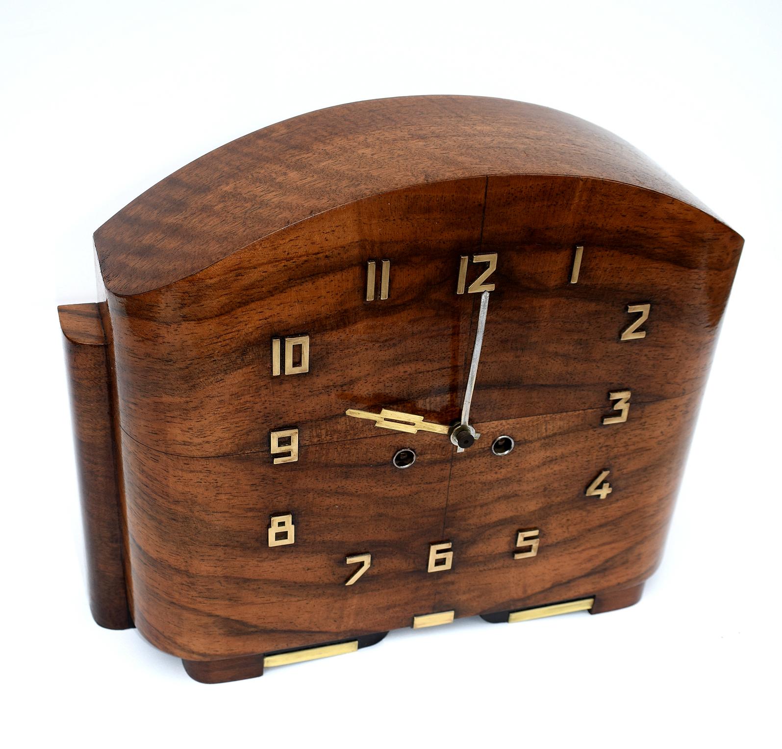 Brass Art Deco English Walnut Eight Day Mantle Clock