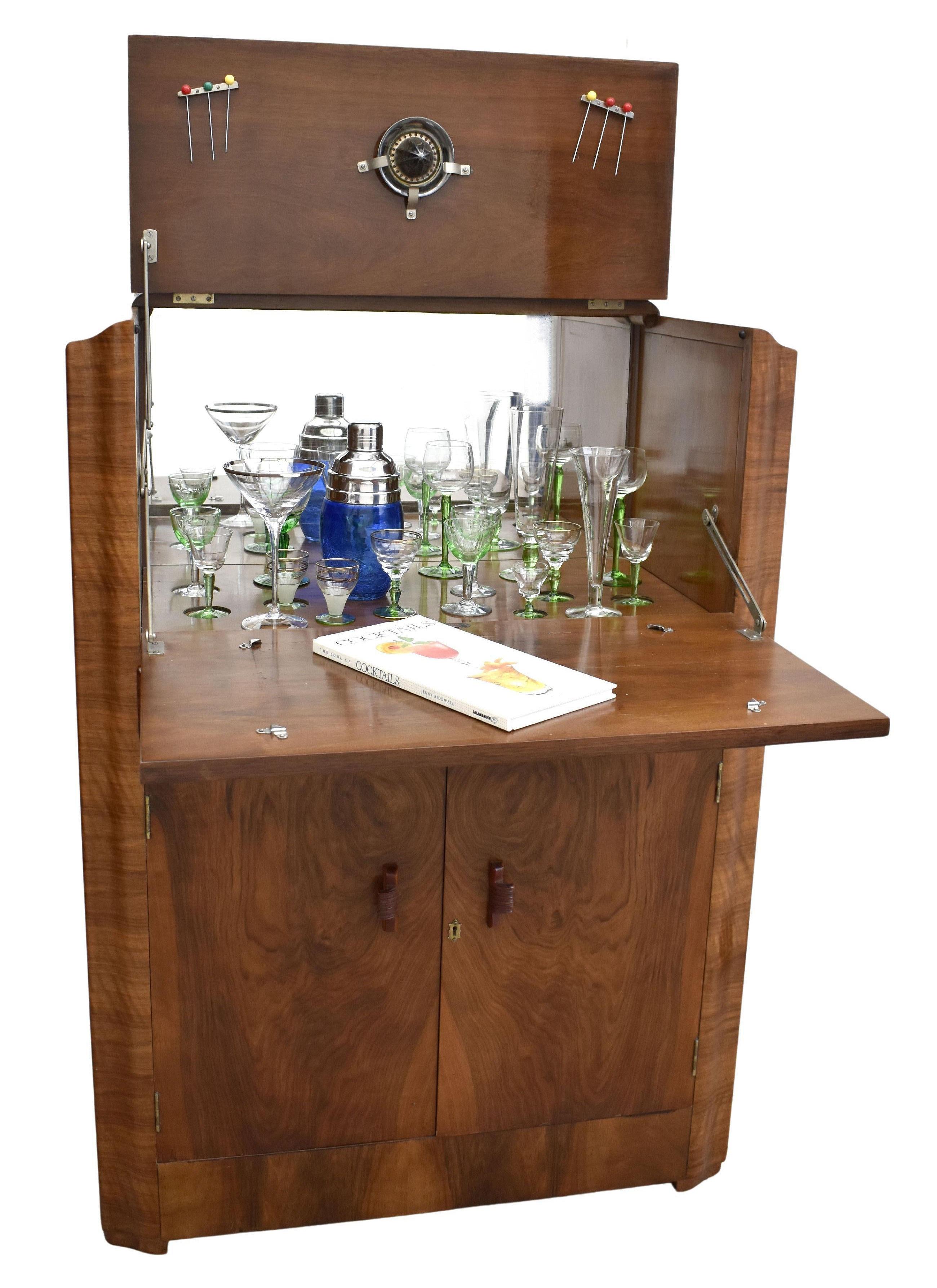 Art Deco English Walnut Upright Cocktail Dry bar Cabinet, Circa 1930's In Good Condition In Devon, England