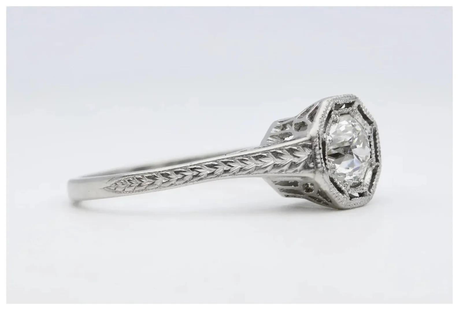 Art Deco Engraved 0.52ct Old European Cut Diamond Solitaire Engagement Ring  In Good Condition For Sale In Boston, MA