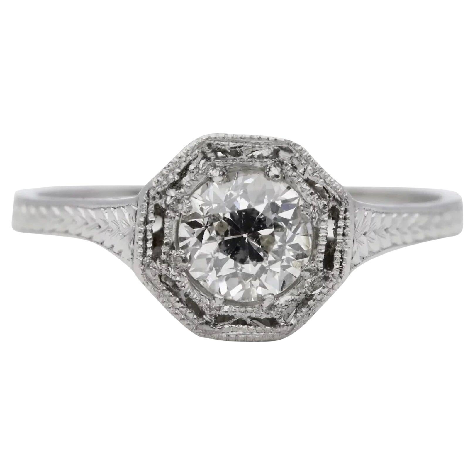 Art Deco Engraved 0.52ct Old European Cut Diamond Solitaire Engagement Ring  For Sale