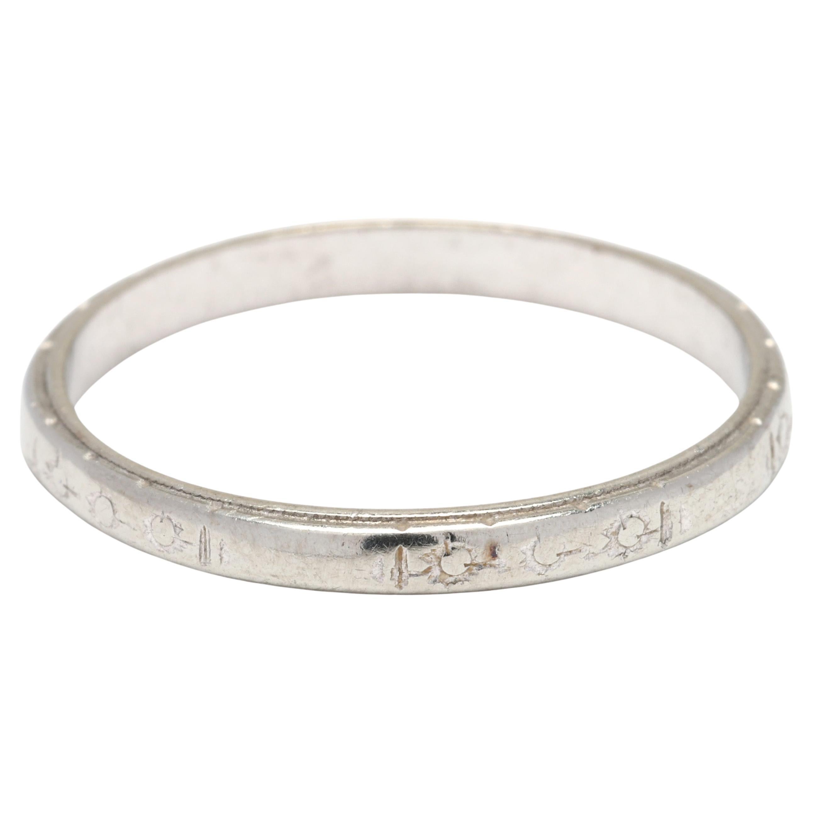 Art Deco Engraved Band Ring, 18k White Gold, Ring Size 6