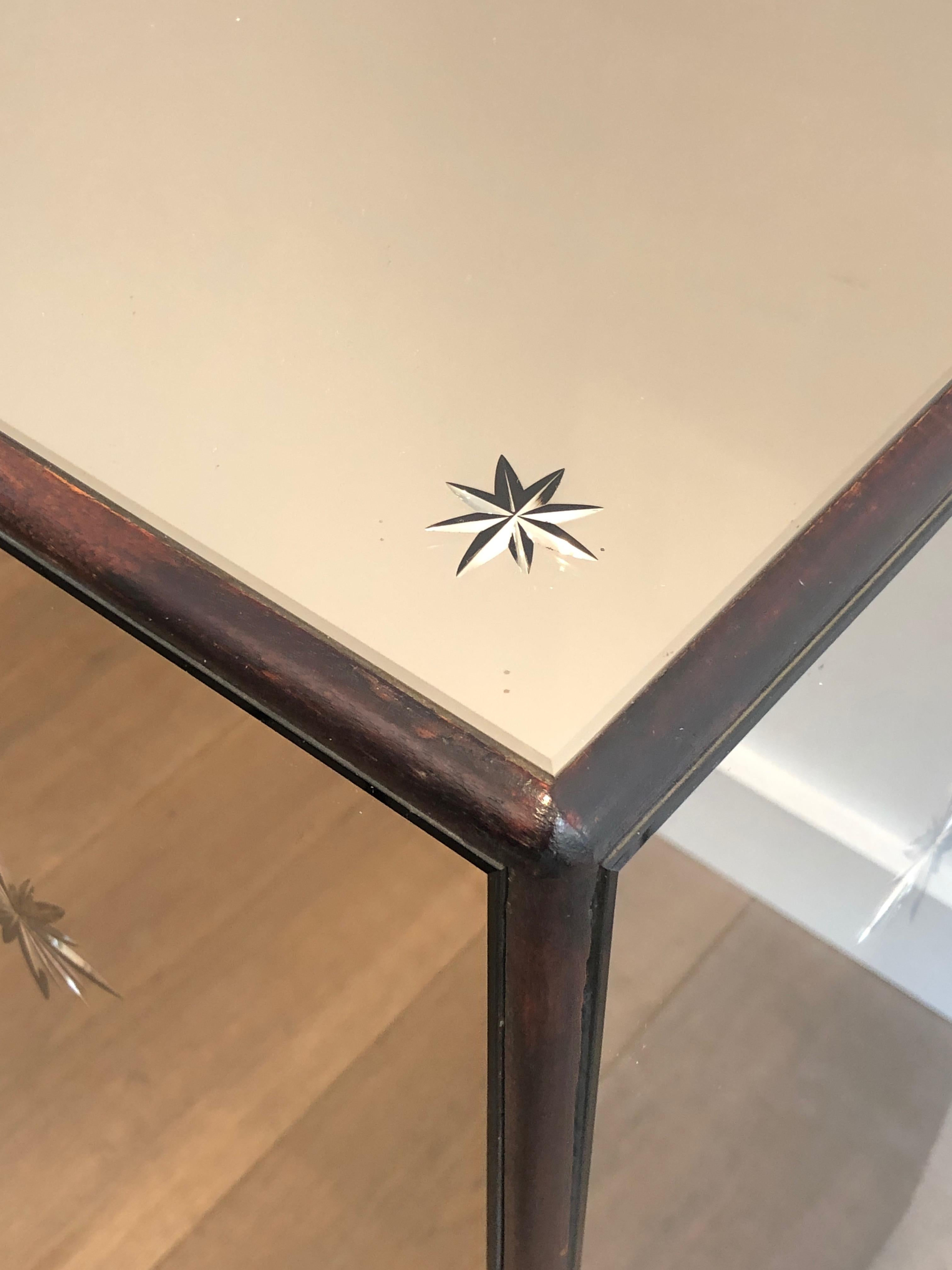 Art Deco Engraved Mirror and Wood Stand, French, circa 1930 4