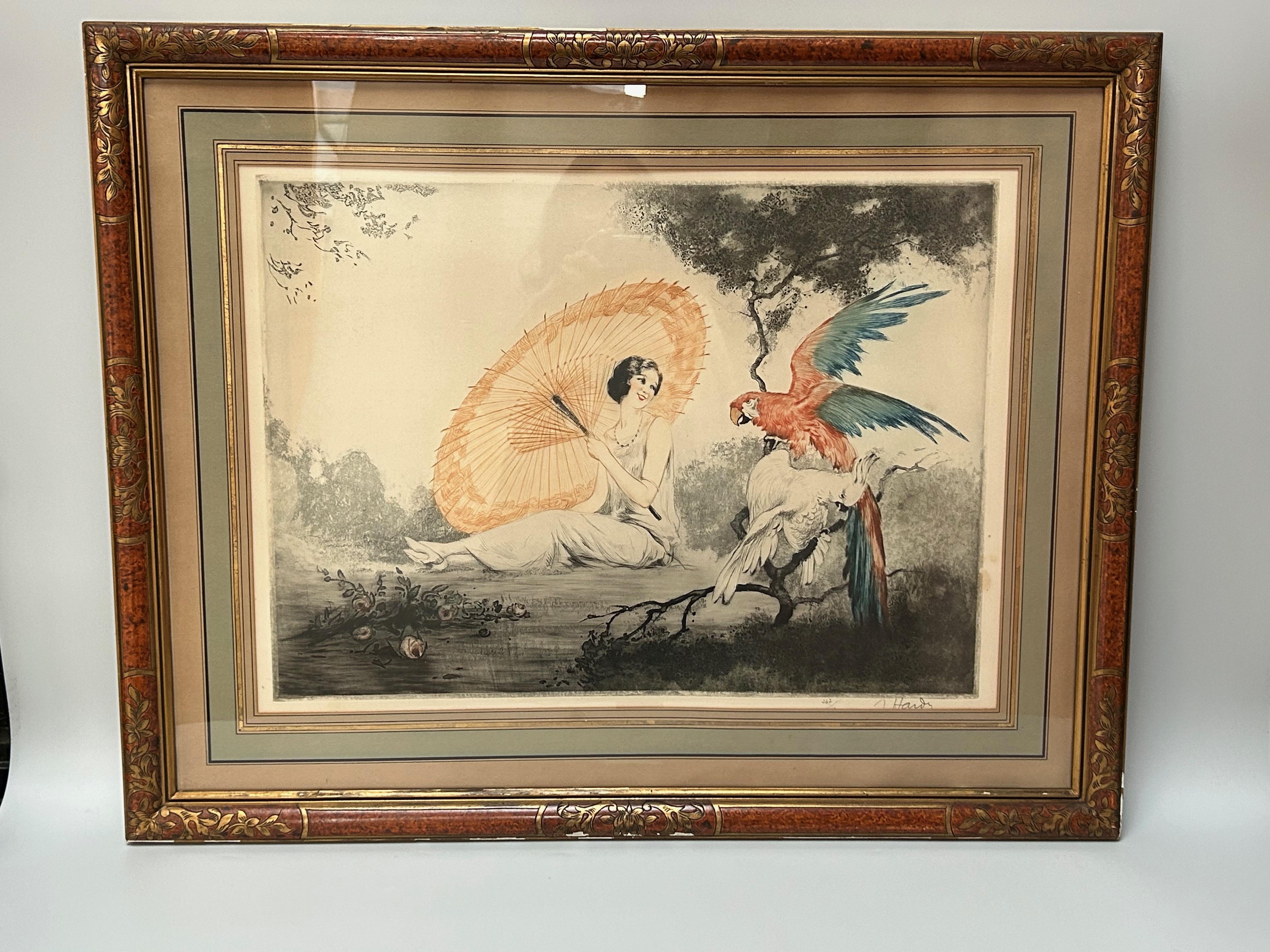 Art deco engraving circa 1925.
Elegant lady with parasol and macaws.
Signed Jean Hardy, French engraver, decorator and illustrator from the circle of the famous Art Deco artist, Louis Icart.
Numbered 267/350
Original frame with small chips and