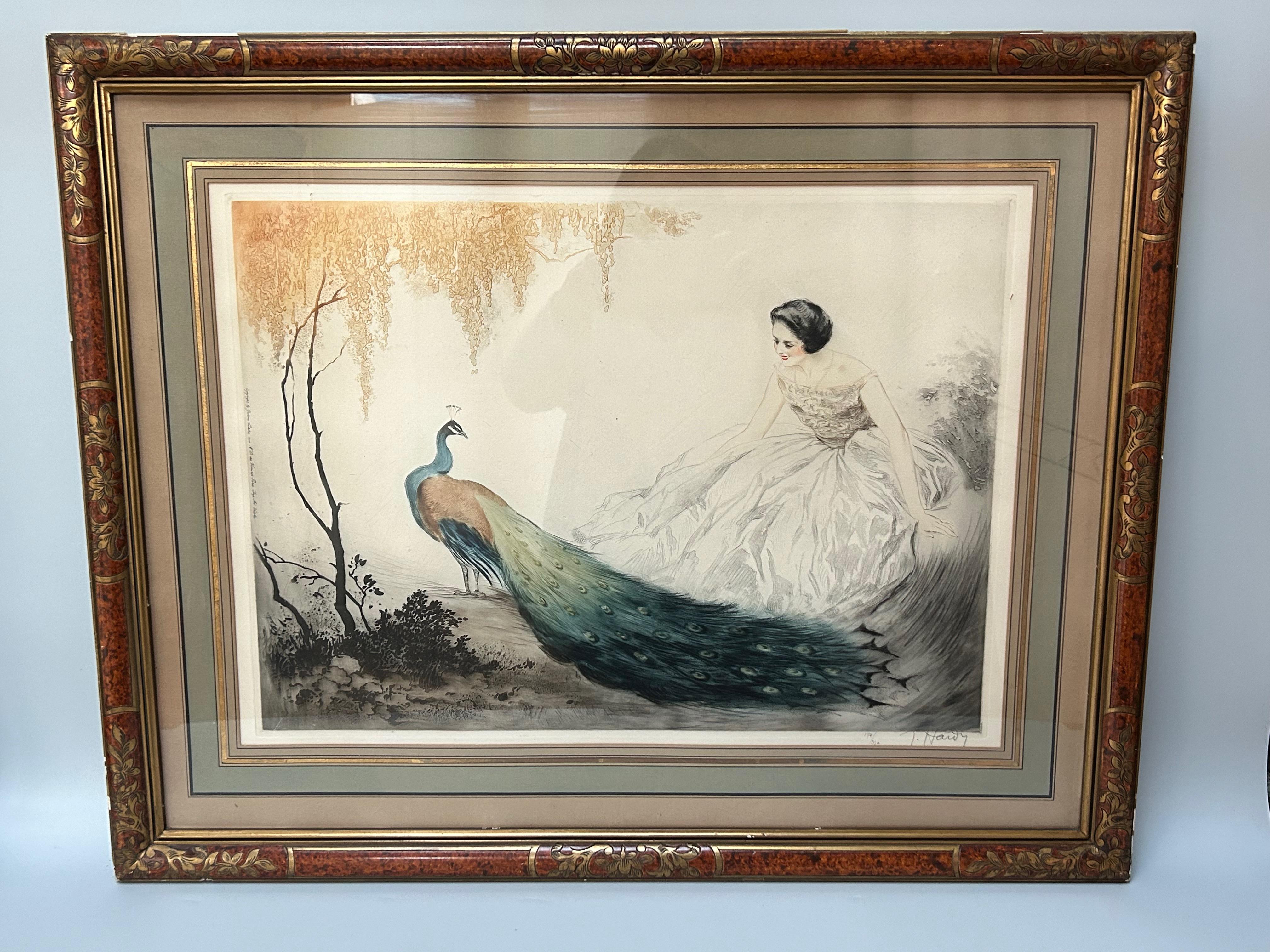 Art deco engraving circa 1925.
Elegant peacock.
Signed Jean Hardy, French engraver, decorator and illustrator from the circle of the famous Art Deco artist, Louis Icart.
Numbered 174/350
Original frame with small chips and losses.

Total height: