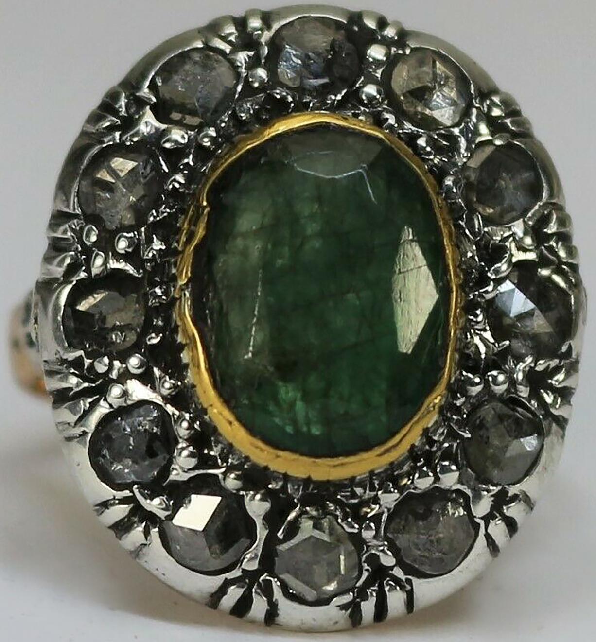 Art Deco Entourage 585 Gold & Silber, Smaragd und Diamant Rosen Ring im Angebot 5