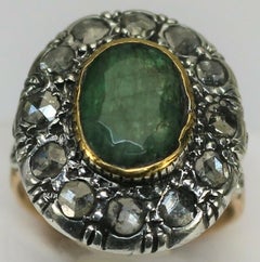Art Deco Entourage 585 Gold & Silver, Emerald and Diamond Roses Ring