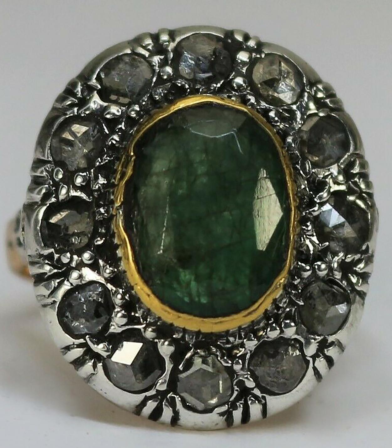 Art Deco Entourage 585 Gold & Silber, Smaragd und Diamant Rosen Ring im Angebot 1