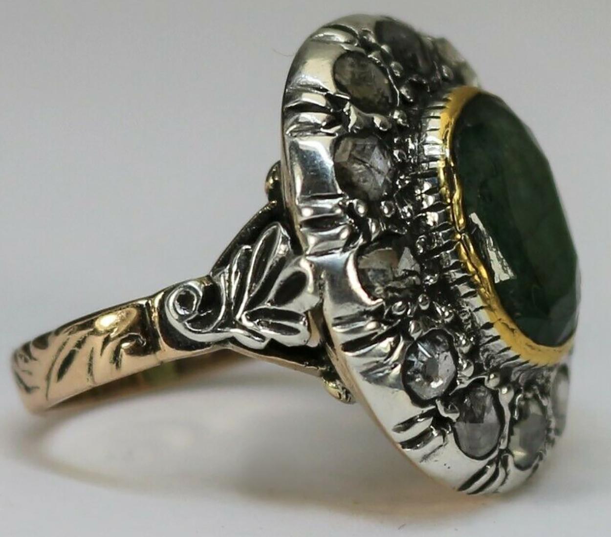 Art Deco Entourage 585 Gold & Silber, Smaragd und Diamant Rosen Ring im Angebot 2