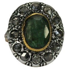 Art Deco Entourage 585 Gold & Silver, Emerald and Diamond Roses Ring