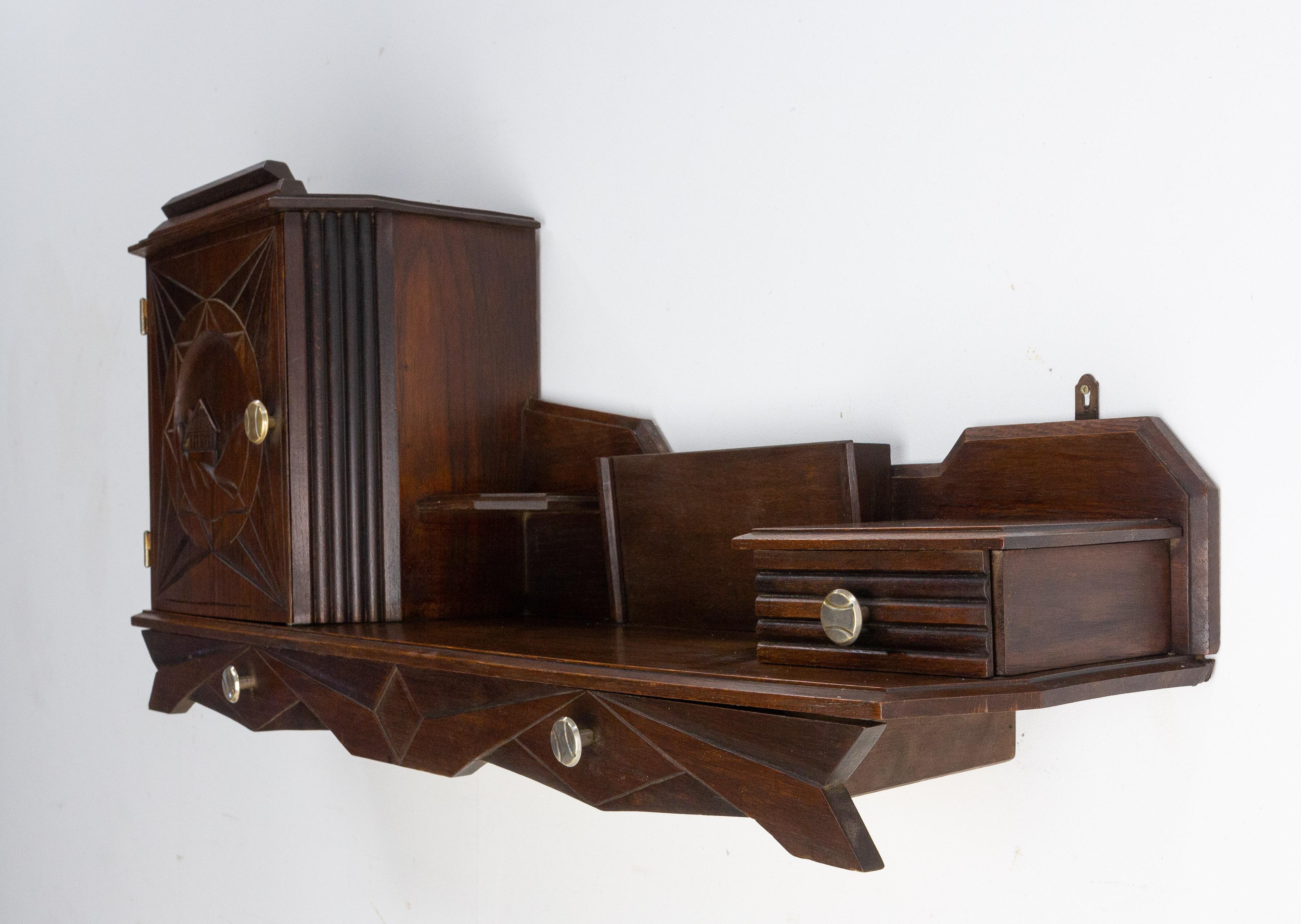 Mid-20th Century Art Deco Entry Shelf with Cabinet and Drawers Swiss Alp Style, French, 1930 For Sale