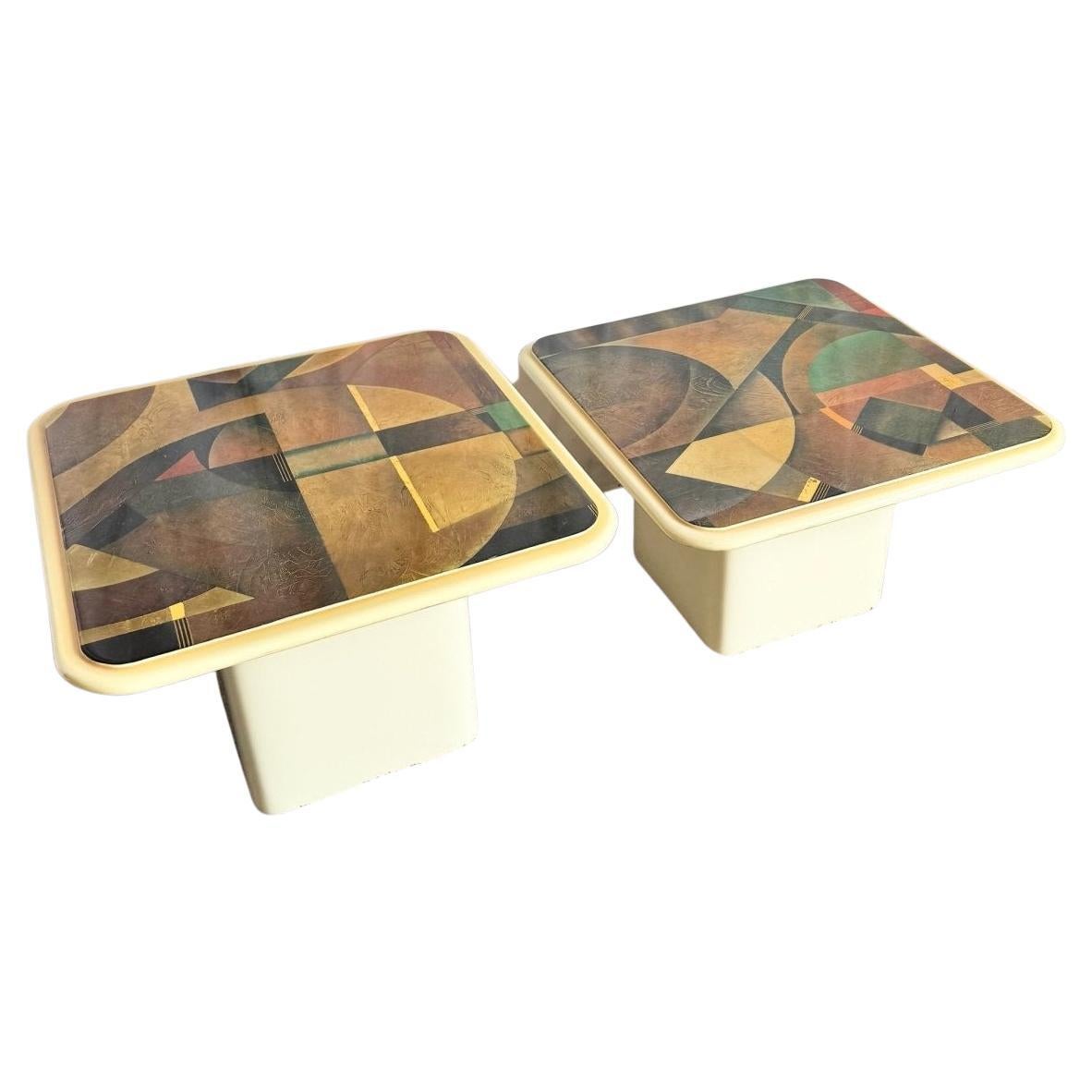 Art Deco Epoxy Top Abstract Square Nesting Tables - Set of 2 For Sale
