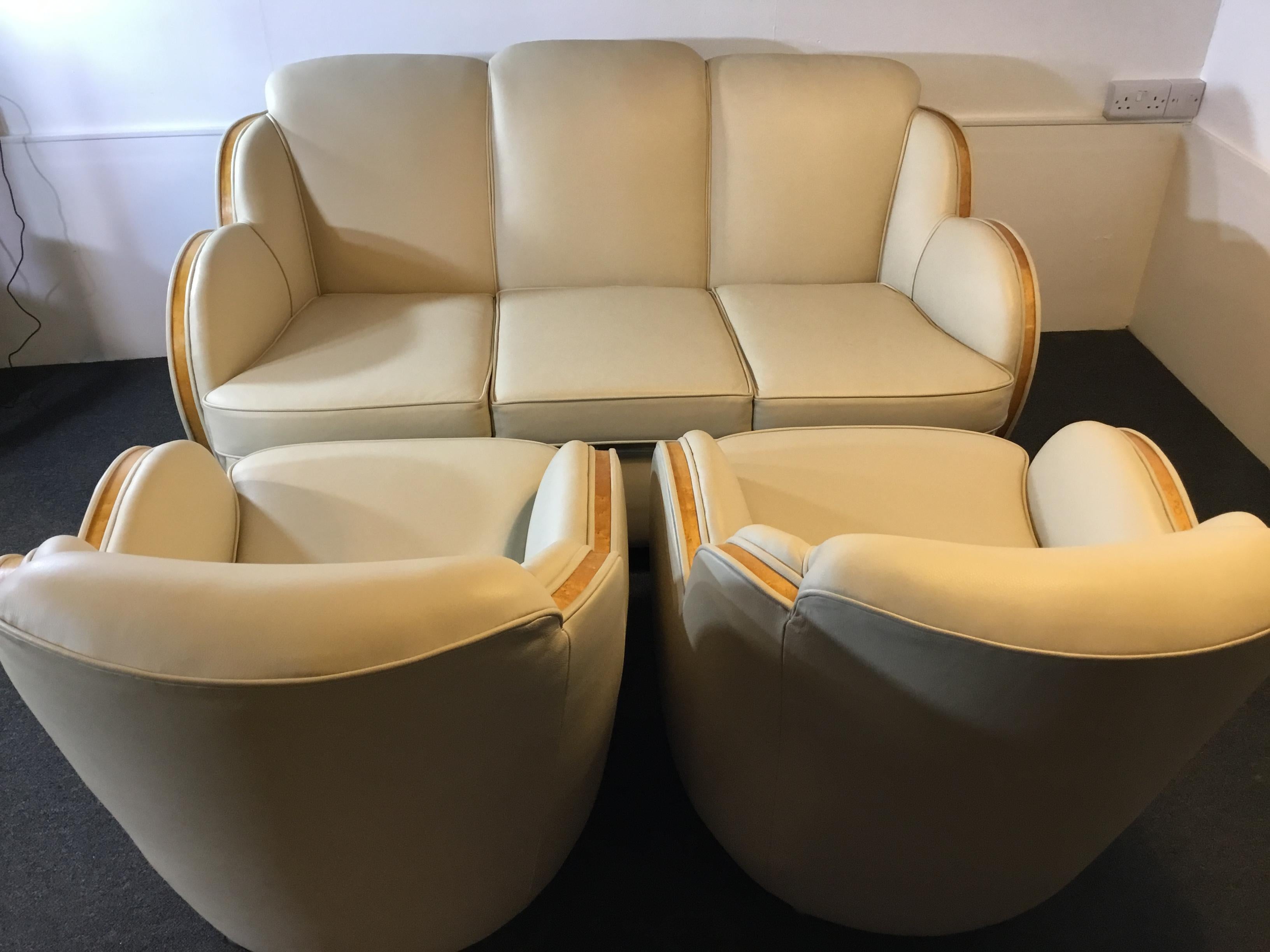 Leather Art Deco Epstein Cloud Sofa and Armchairs For Sale