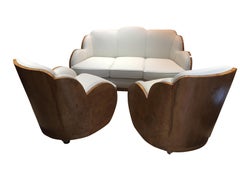 Art Deco Epstein Cloud Walnut Back Leather Sofa and Armchairs