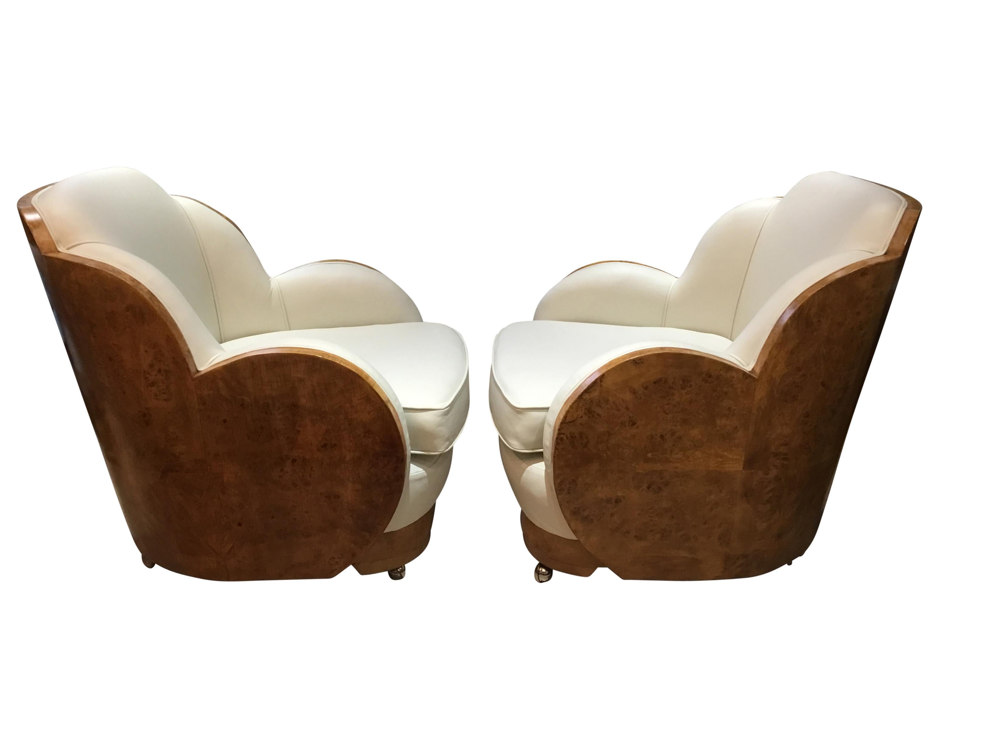 Mid-20th Century Art Deco Epstein Cloud Walnut Back Leather Sofa and Armchairs For Sale