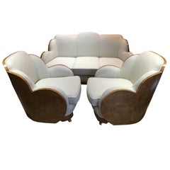 Art Deco Epstein Cloud Walnut Back Leather Sofa and Armchairs