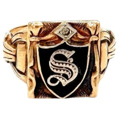Art Deco Era 10k Gold "S" Initial Shield Signet Ring With Diamond, Size 10