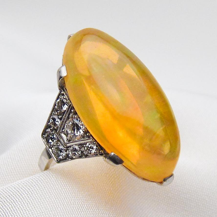 Old European Cut Art Deco Era 14.75 Ct Orange Ethiopian Opal Cabochon and Diamond Platinum Ring