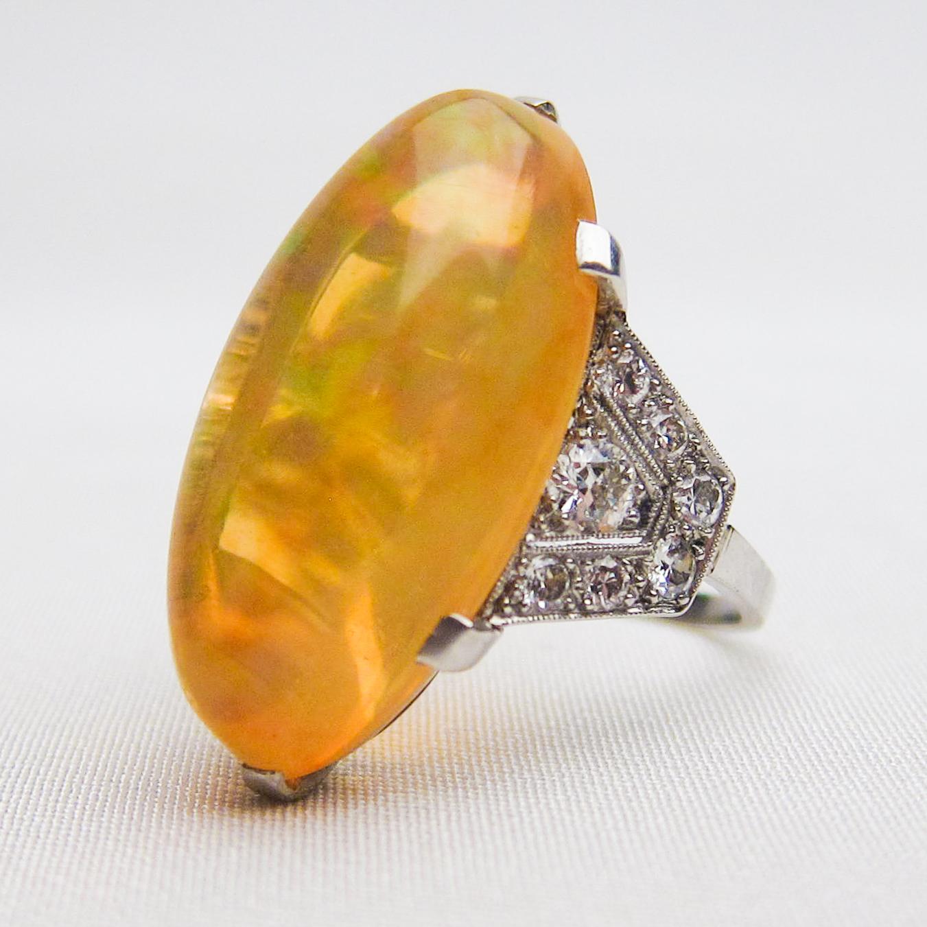 Women's or Men's Art Deco Era 14.75 Ct Orange Ethiopian Opal Cabochon and Diamond Platinum Ring