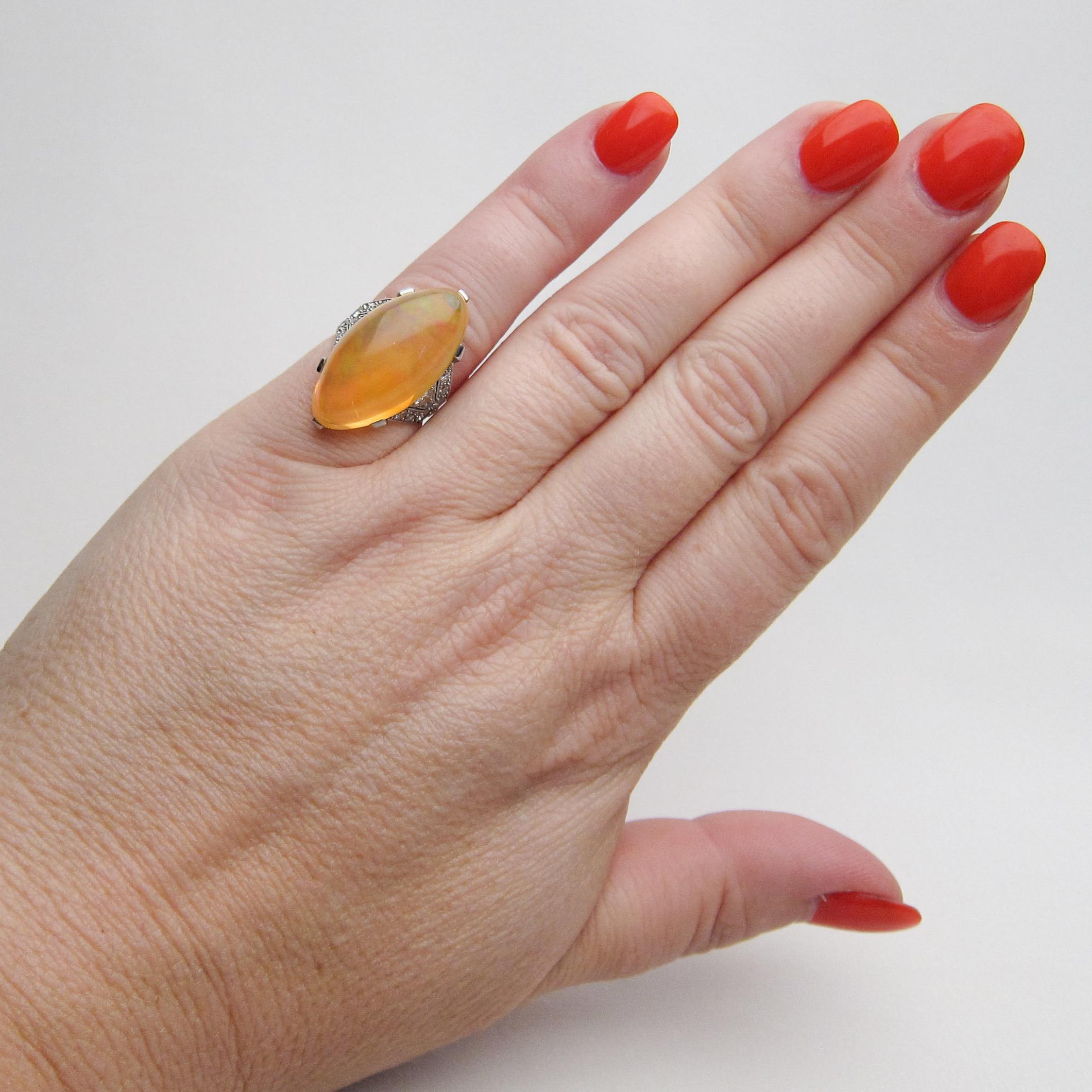 Art Deco Era 14.75 Ct Orange Ethiopian Opal Cabochon and Diamond Platinum Ring 2