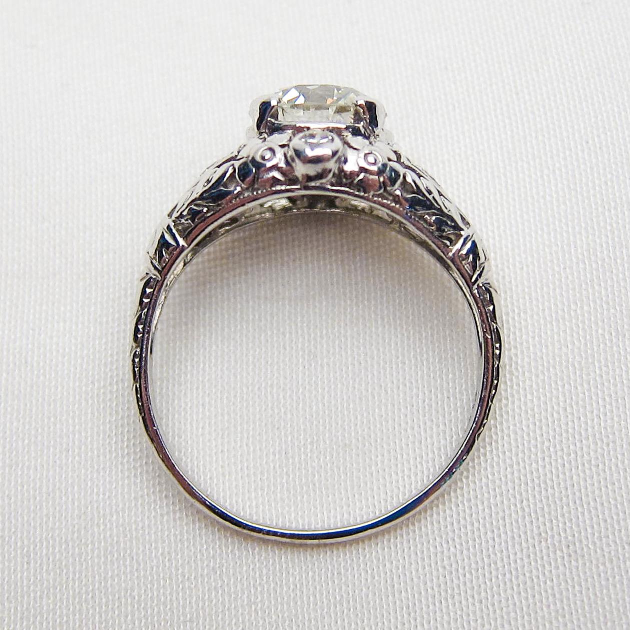 Art Deco Era 1.74 Ct Transitional-Cut Diamond Platinum Filigree Engagement Ring For Sale 2