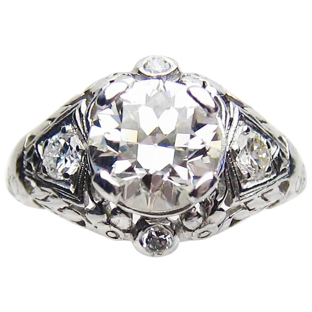 Art Deco Era 1.74 Ct Transitional-Cut Diamond Platinum Filigree Engagement Ring For Sale