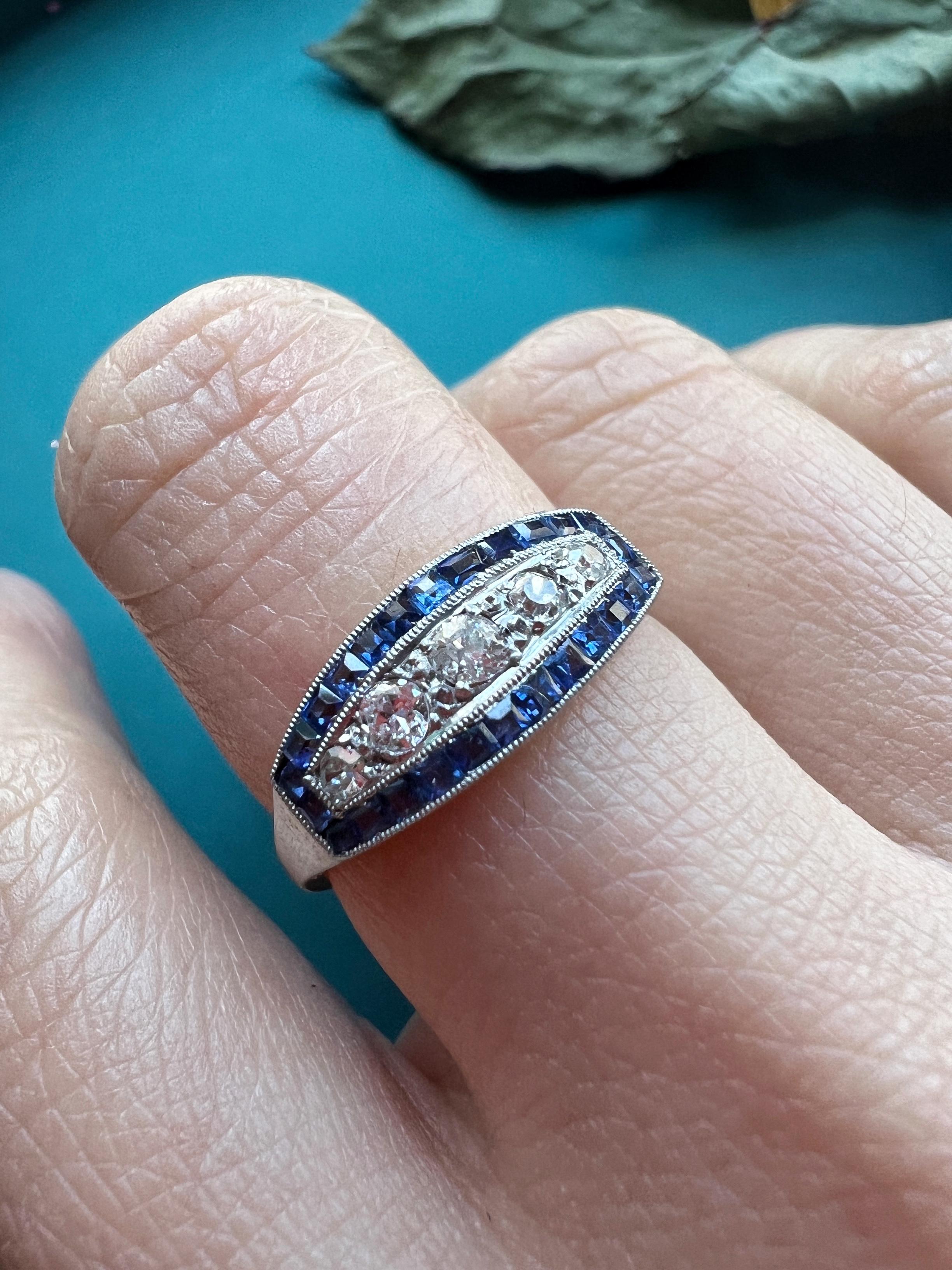 Old European Cut Art Deco Era 18K Gold Blue Sapphire Diamond Ring