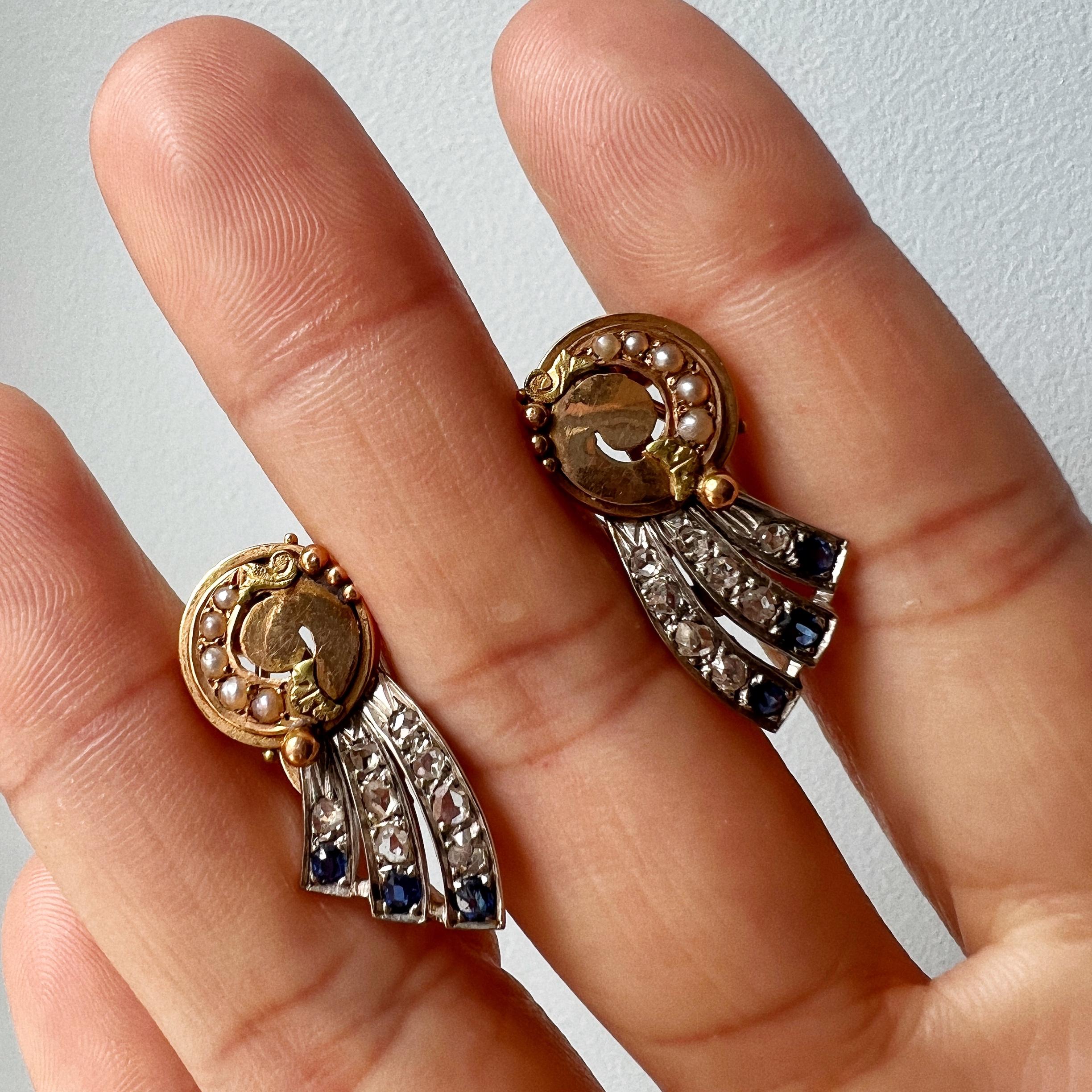 Rose Cut Art Deco Era 18k Gold Diamond Blue Sapphires Shooting Star Earrings For Sale