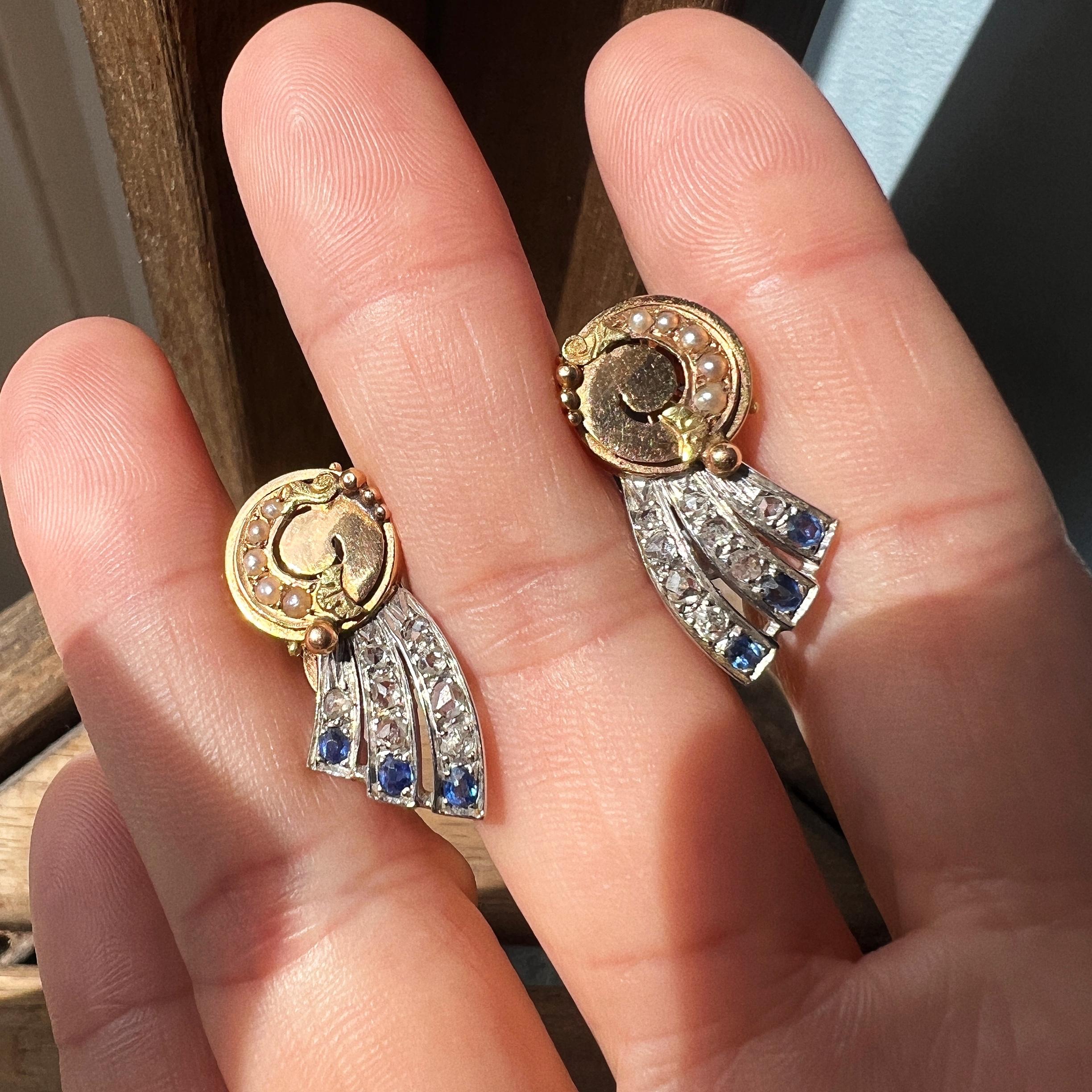 Art Deco Era 18k Gold Diamond Blue Sapphires Shooting Star Earrings In Good Condition For Sale In Versailles, FR