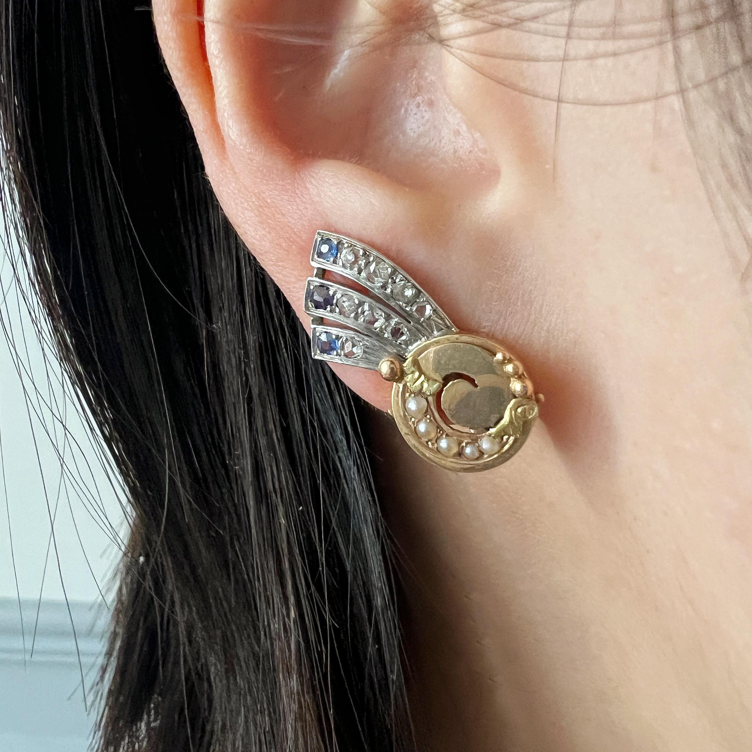 Ohrringe aus 18 Karat Gold mit blauen Saphiren und Sternmotiven aus der Art-déco-Ära im Zustand „Gut“ in Versailles, FR