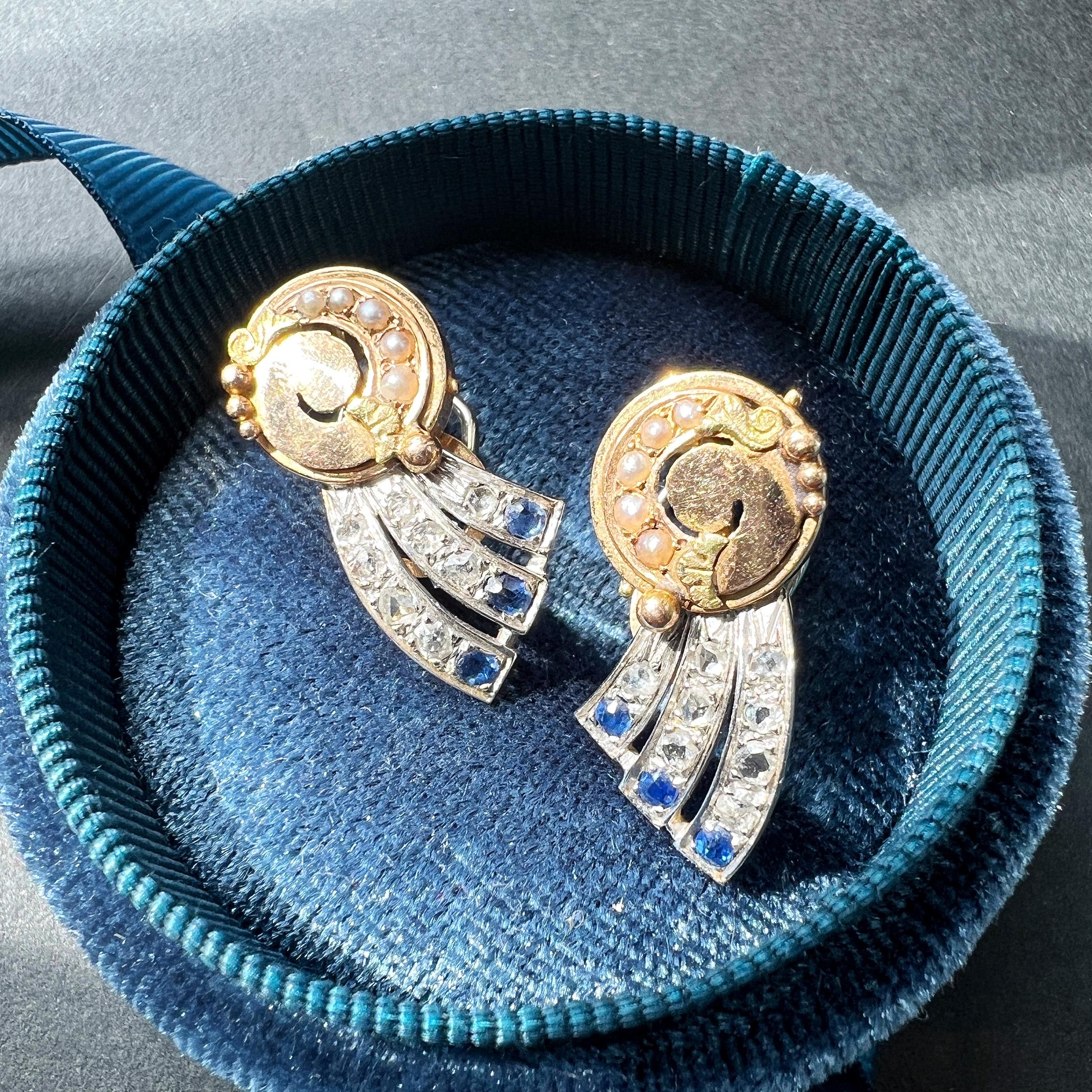 Art Deco Era 18k Gold Diamond Blue Sapphires Shooting Star Earrings For Sale 1