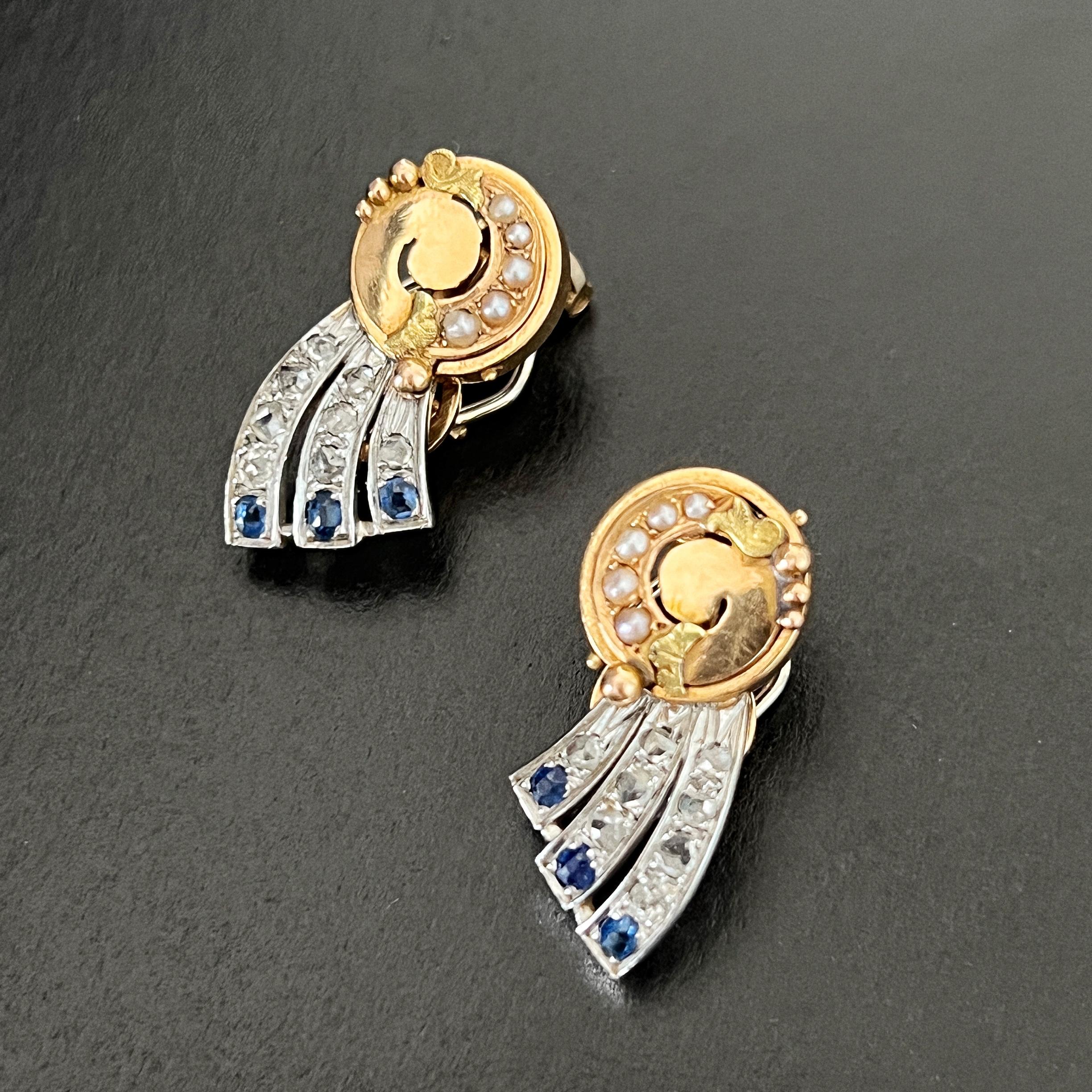 Art Deco Era 18k Gold Diamond Blue Sapphires Shooting Star Earrings For Sale 2