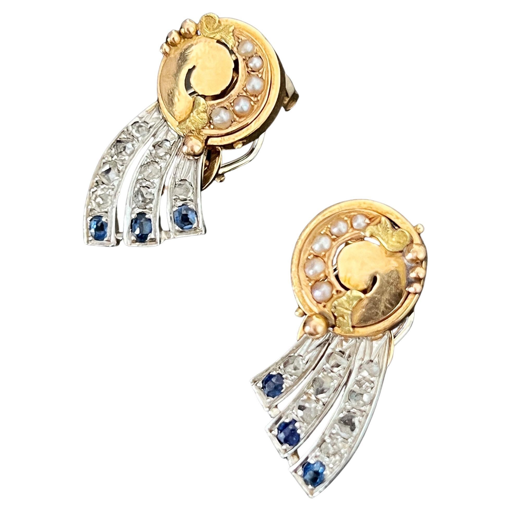 Art Deco Era 18k Gold Diamond Blue Sapphires Shooting Star Earrings For Sale