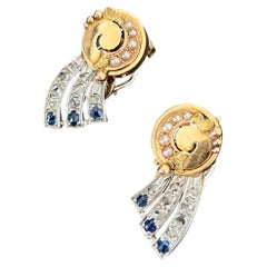 Art Deco Era 18k Gold Diamond Blue Sapphires Shooting Star Earrings