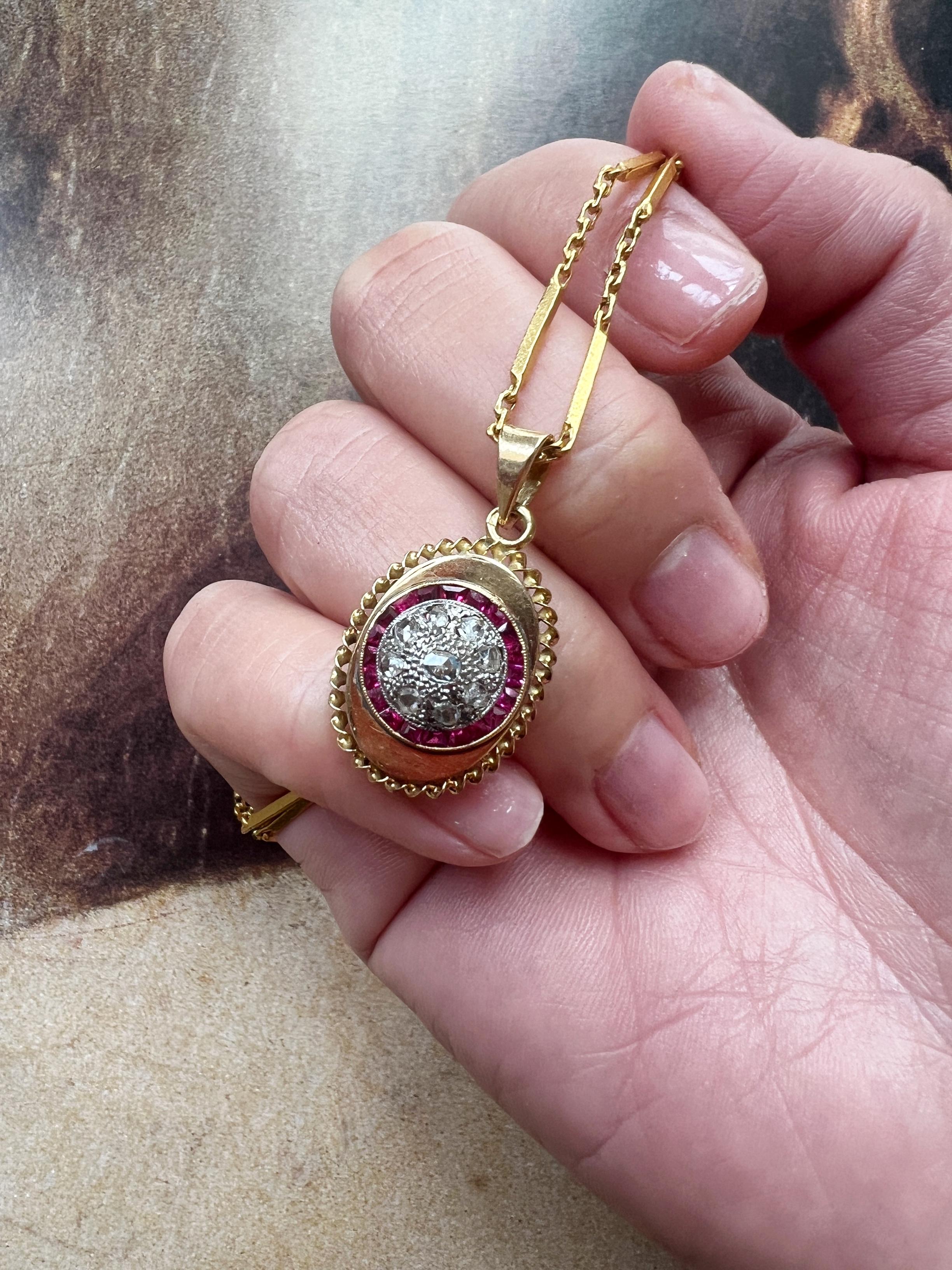 Women's or Men's Art Deco era 18K gold diamond ruby locket pendant