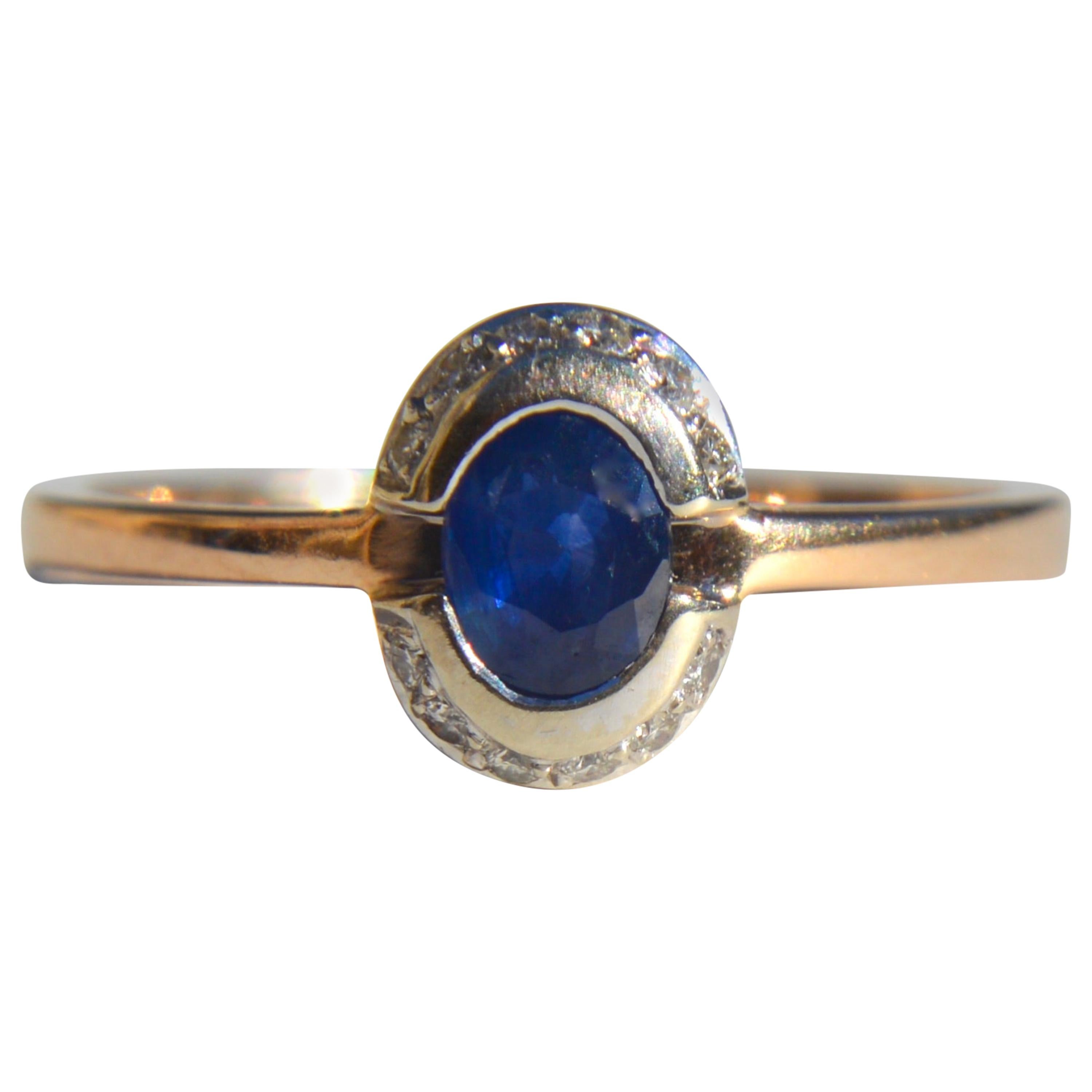 Art Deco Era 1920s 14 Karat Rose Gold .35 Carat Sapphire Diamond Halo Ring For Sale