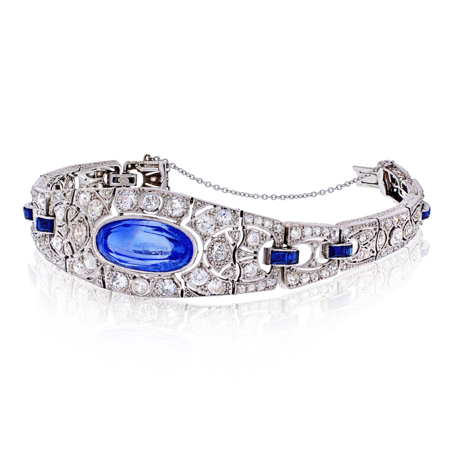 Bracelet de saphirs de Ceylan de taille ovale et de diamants de taille vieille Europe de 20 carats de l'époque Art déco Excellent état - En vente à Miami, FL