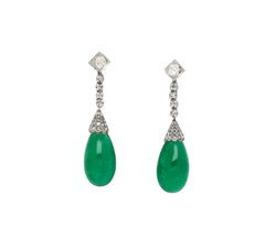 Art Deco Era 21 Carat Cabochon Pear Shape Emerald Drop Earrings  AGL Certified