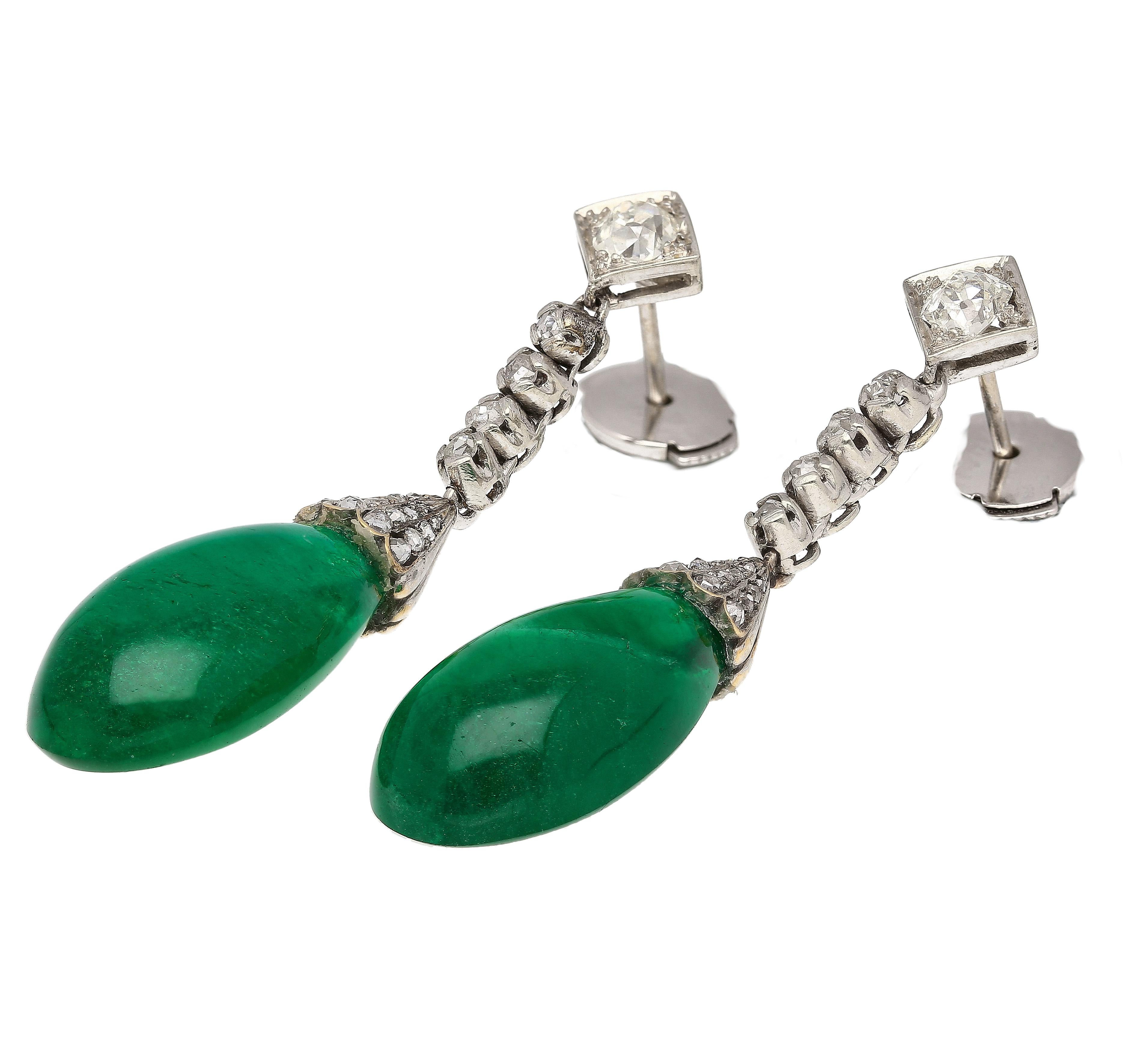 Women's Art Deco Era 21 Carat Cabochon Pear Shape Emerald Drop Earrings  AGL Certified For Sale