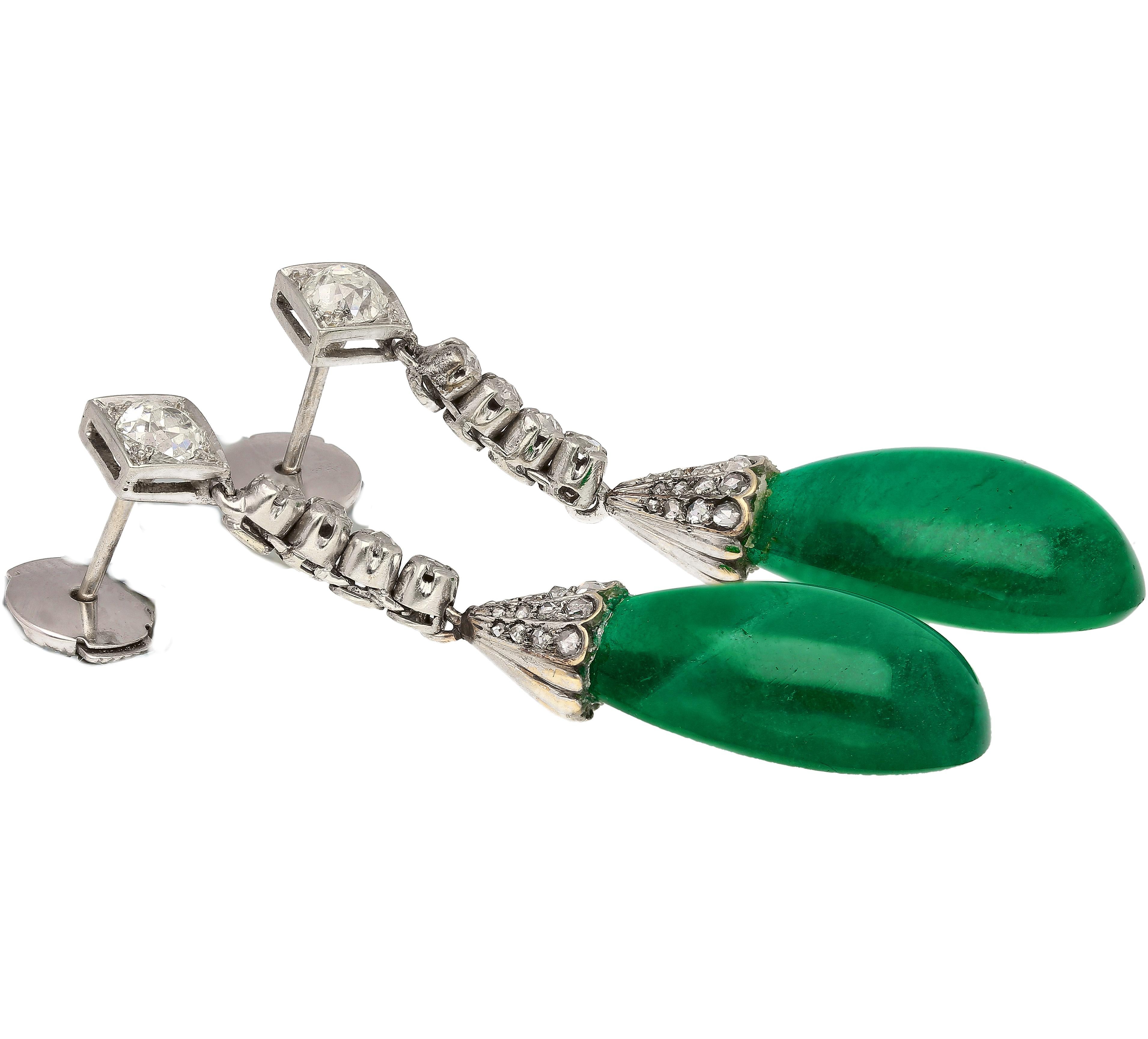 Art Deco Era 21 Carat Cabochon Pear Shape Emerald Drop Earrings  AGL Certified For Sale 1