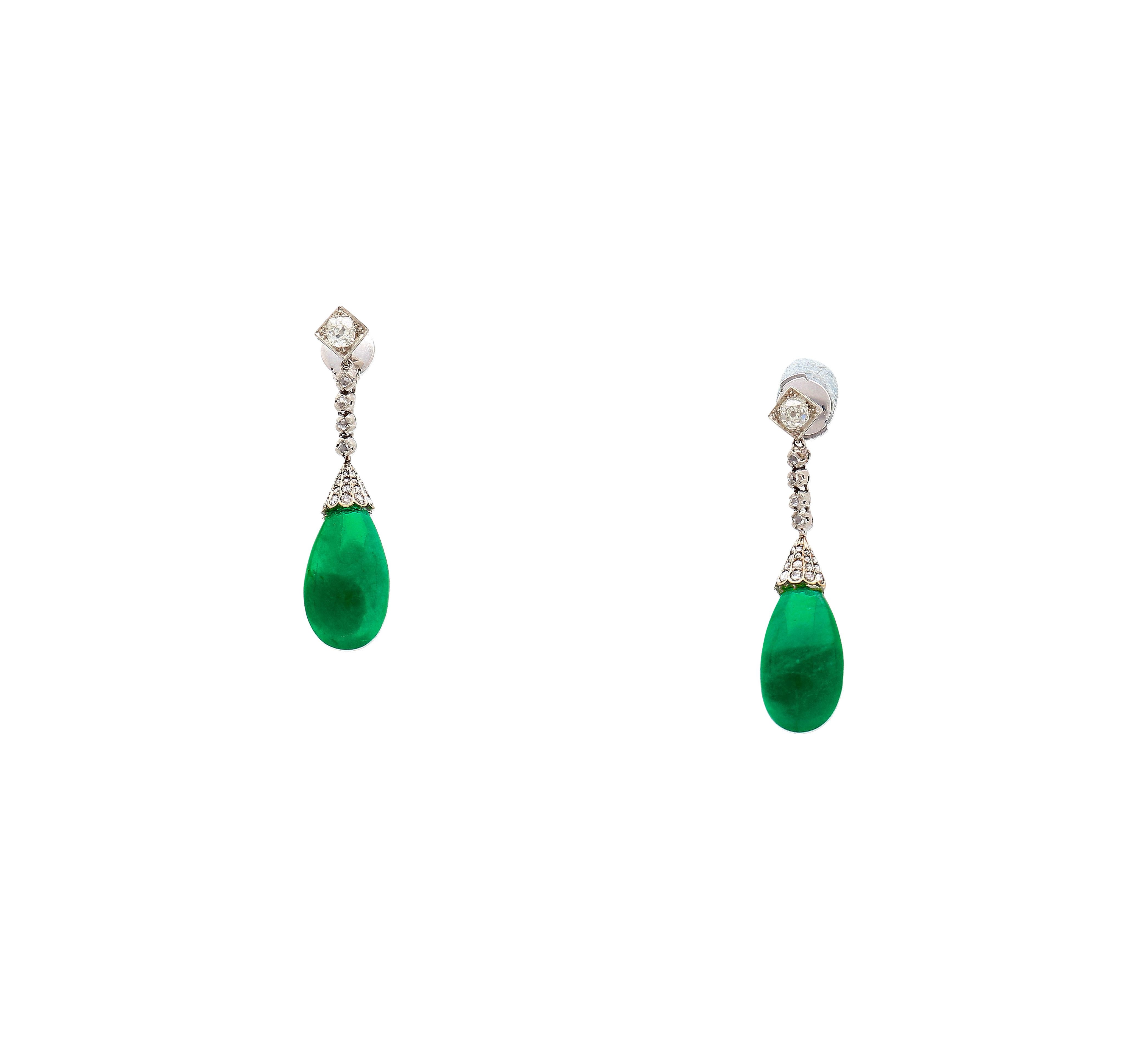 Art Deco Era 21 Carat Cabochon Pear Shape Emerald Drop Earrings  AGL Certified For Sale 2