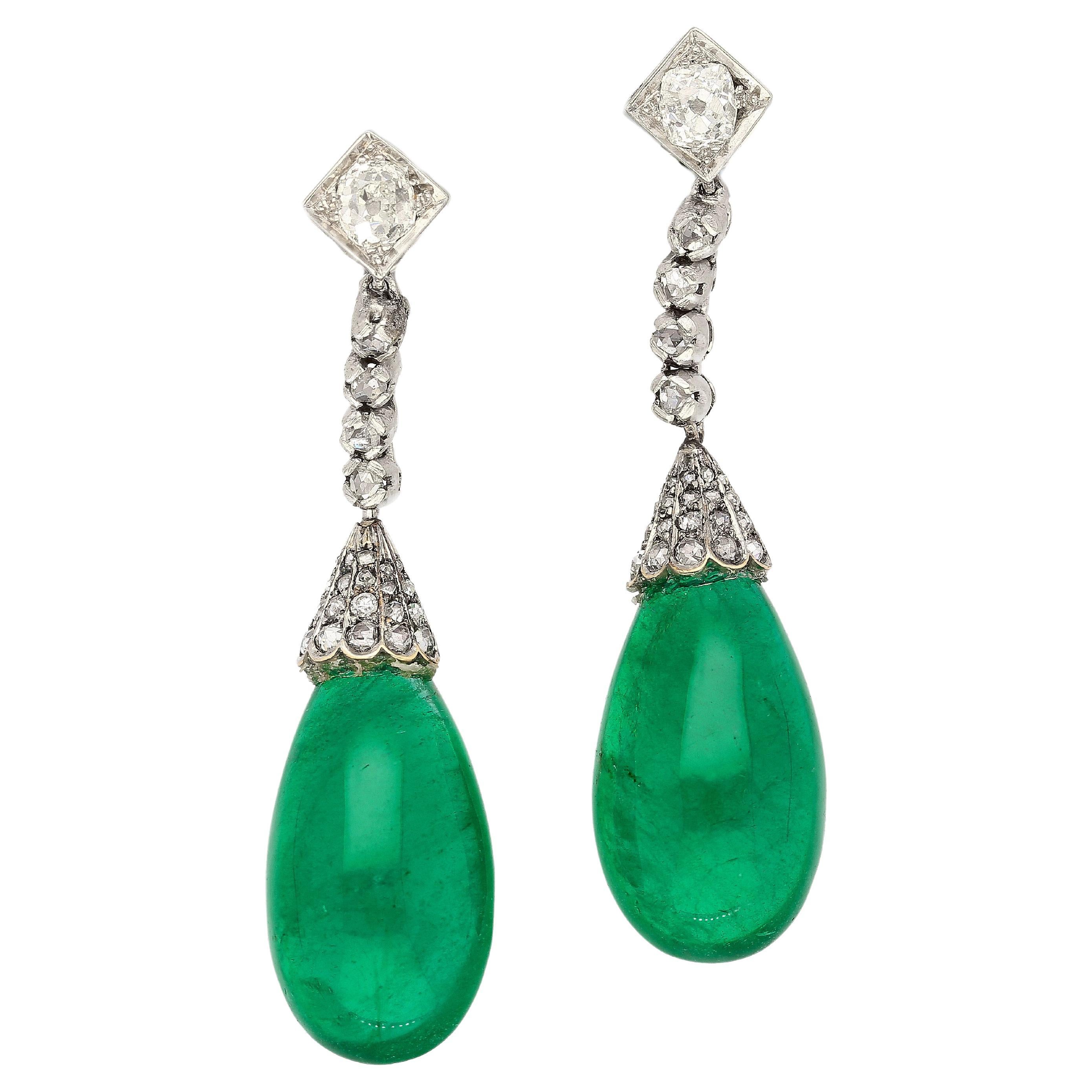 Art Deco Era 21 Carat Cabochon Pear Shape Emerald Drop Earrings  AGL Certified For Sale