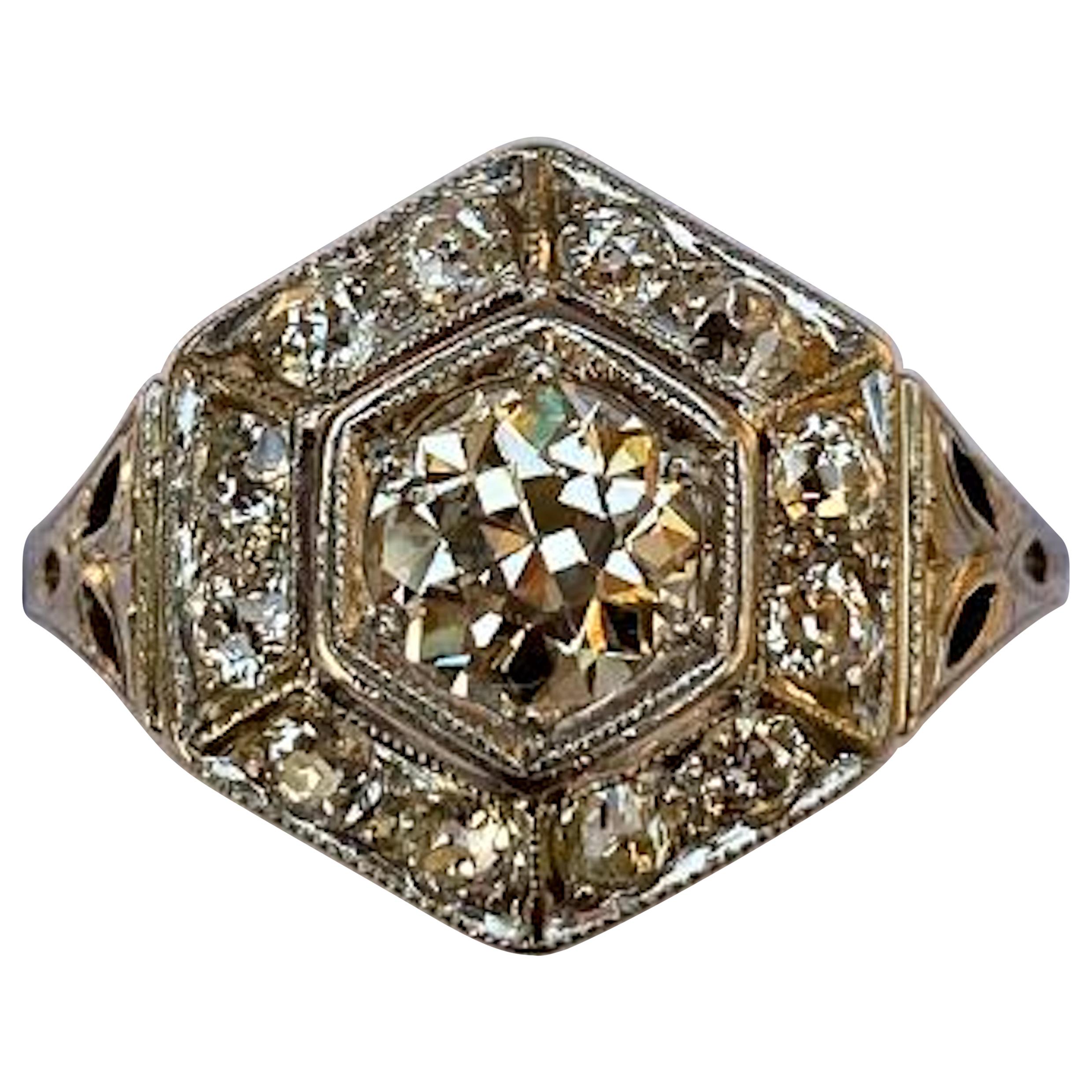 Art Deco Era 2.20 Carat Diamond and Platinum Fancy Hexagon Shaped Ring