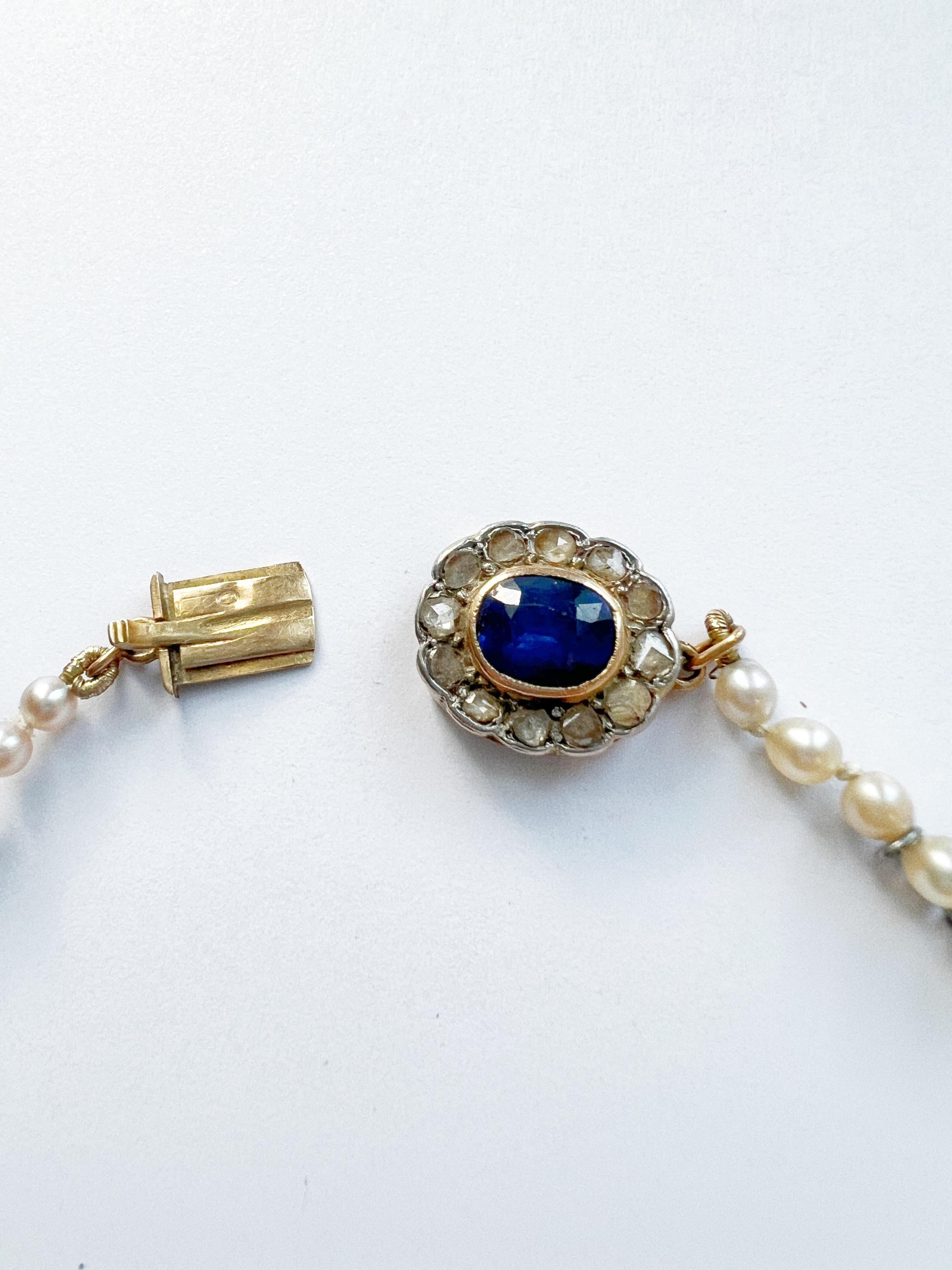 Rose Cut Art Deco Era Akoya Pearl Necklace with 18k Diamond and Blue Sapphire Clasp