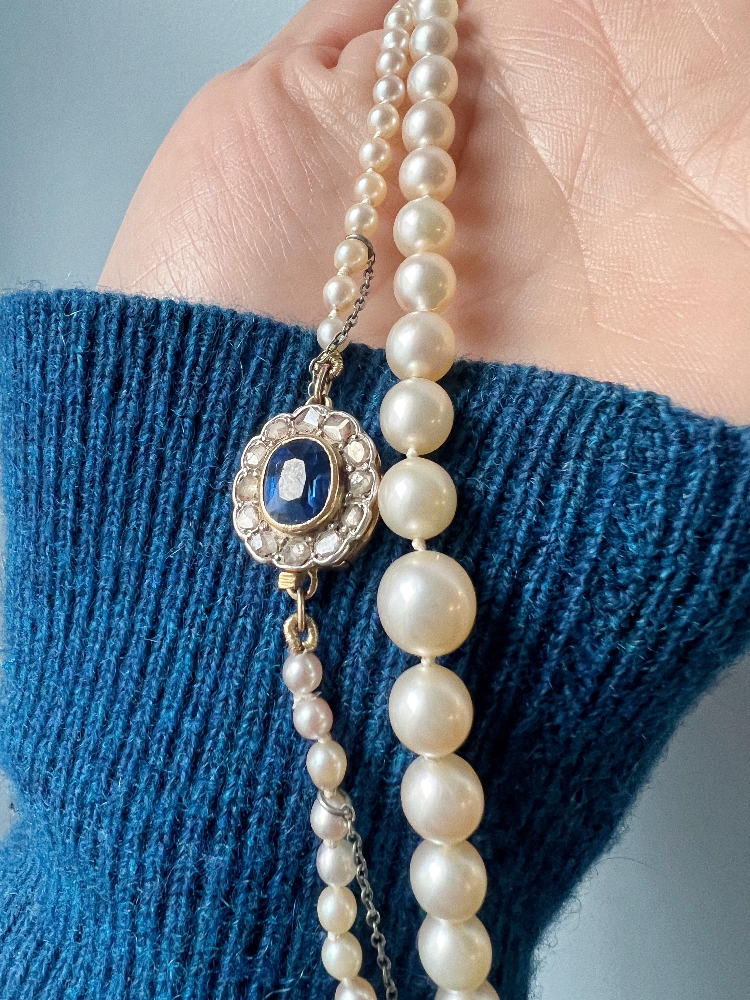 Women's or Men's Art Deco Era Akoya Pearl Necklace with 18k Diamond and Blue Sapphire Clasp