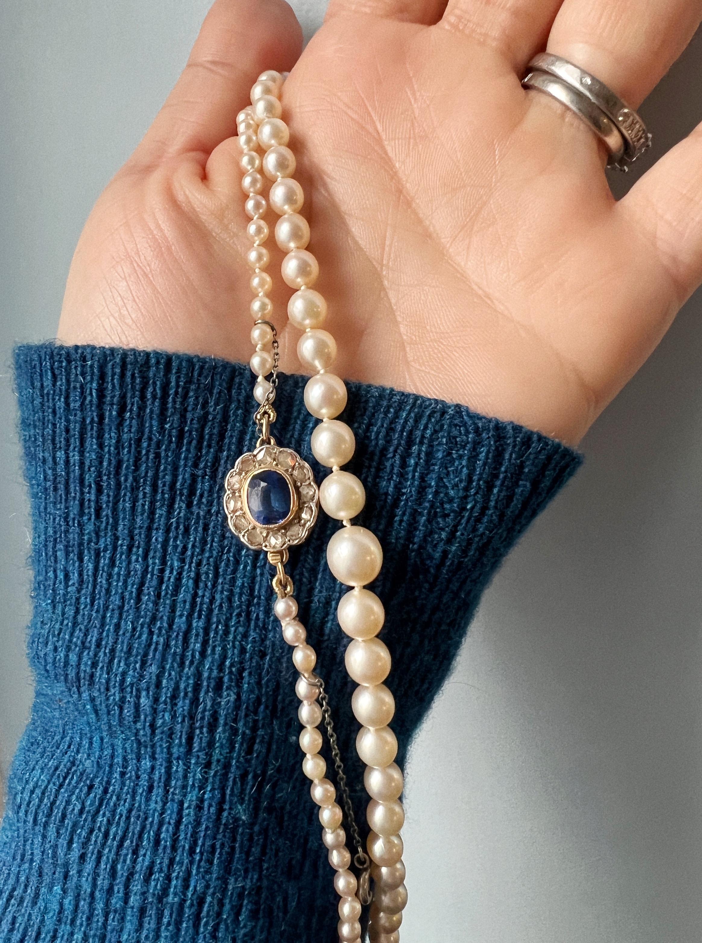 Art Deco Era Akoya Pearl Necklace with 18k Diamond and Blue Sapphire Clasp 1