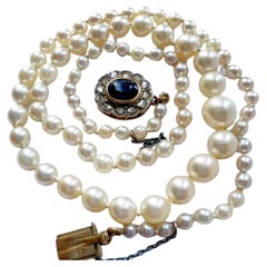Art Deco Era Akoya Pearl Necklace with 18k Diamond and Blue Sapphire Clasp