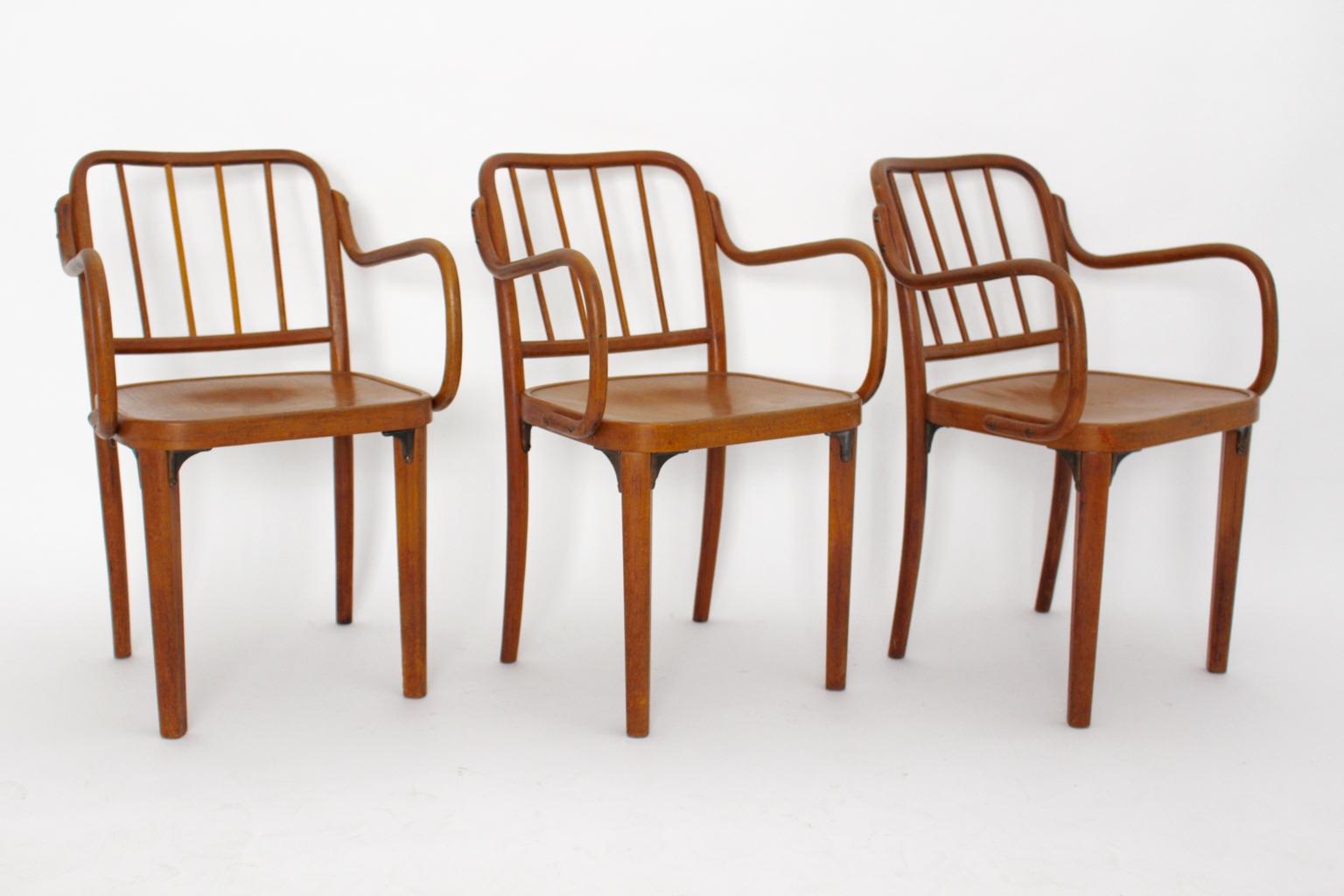 Art déco Art Deco Era Three Brown Vintage Armchairs attributed Josef Frank Vienna, 1930s en vente