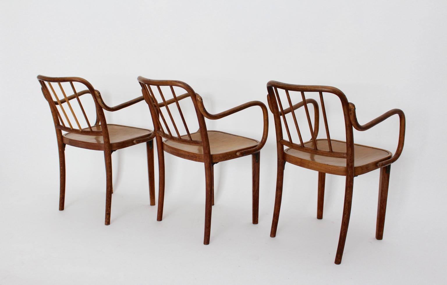 Milieu du XXe siècle Art Deco Era Three Brown Vintage Armchairs attributed Josef Frank Vienna, 1930s en vente